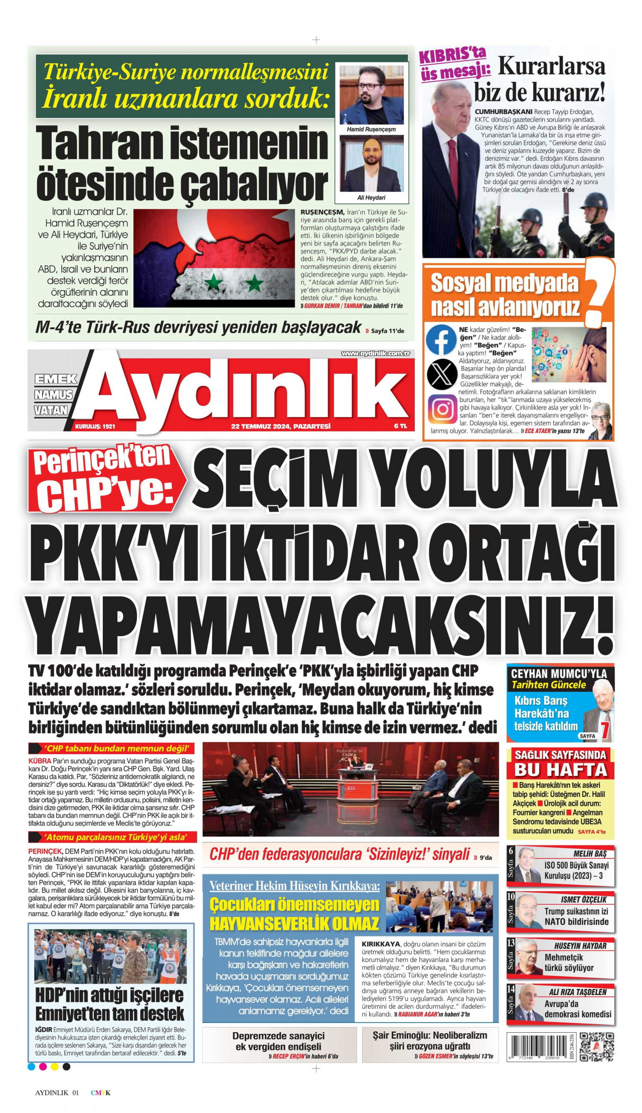 AYDINLIK GAZETESİ gazetesinin 22 Temmuz 2024 tarihli birinci sayfası