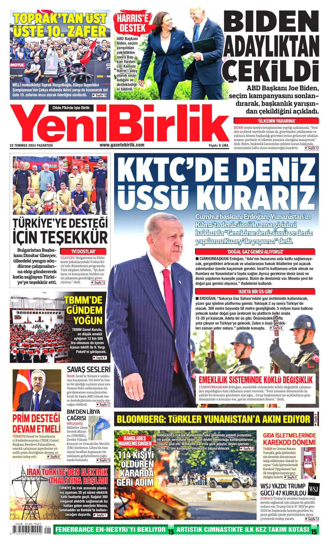 YENİBİRLİK gazetesinin 22 Temmuz 2024 tarihli birinci sayfası