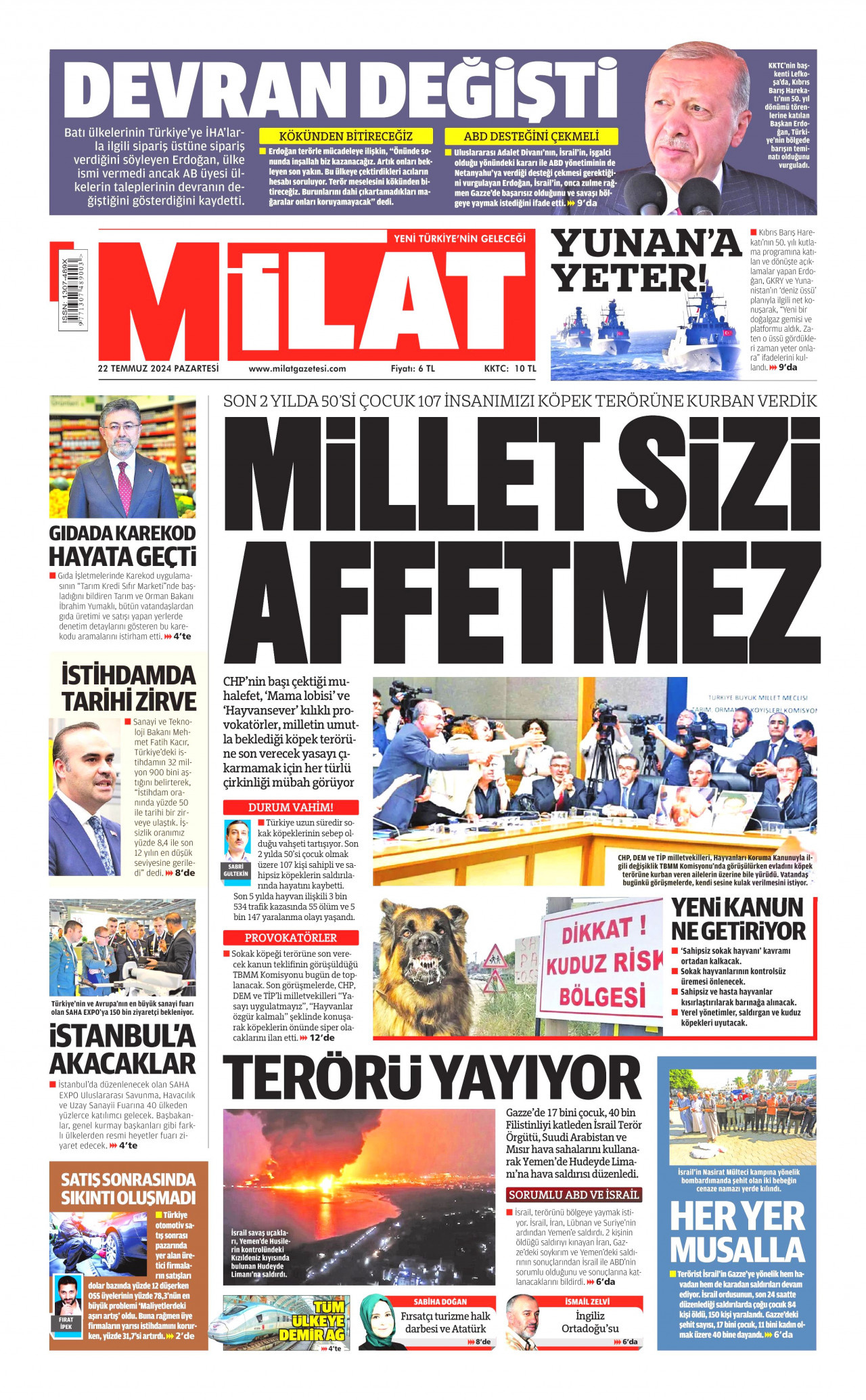 MİLAT gazetesinin 22 Temmuz 2024 tarihli birinci sayfası