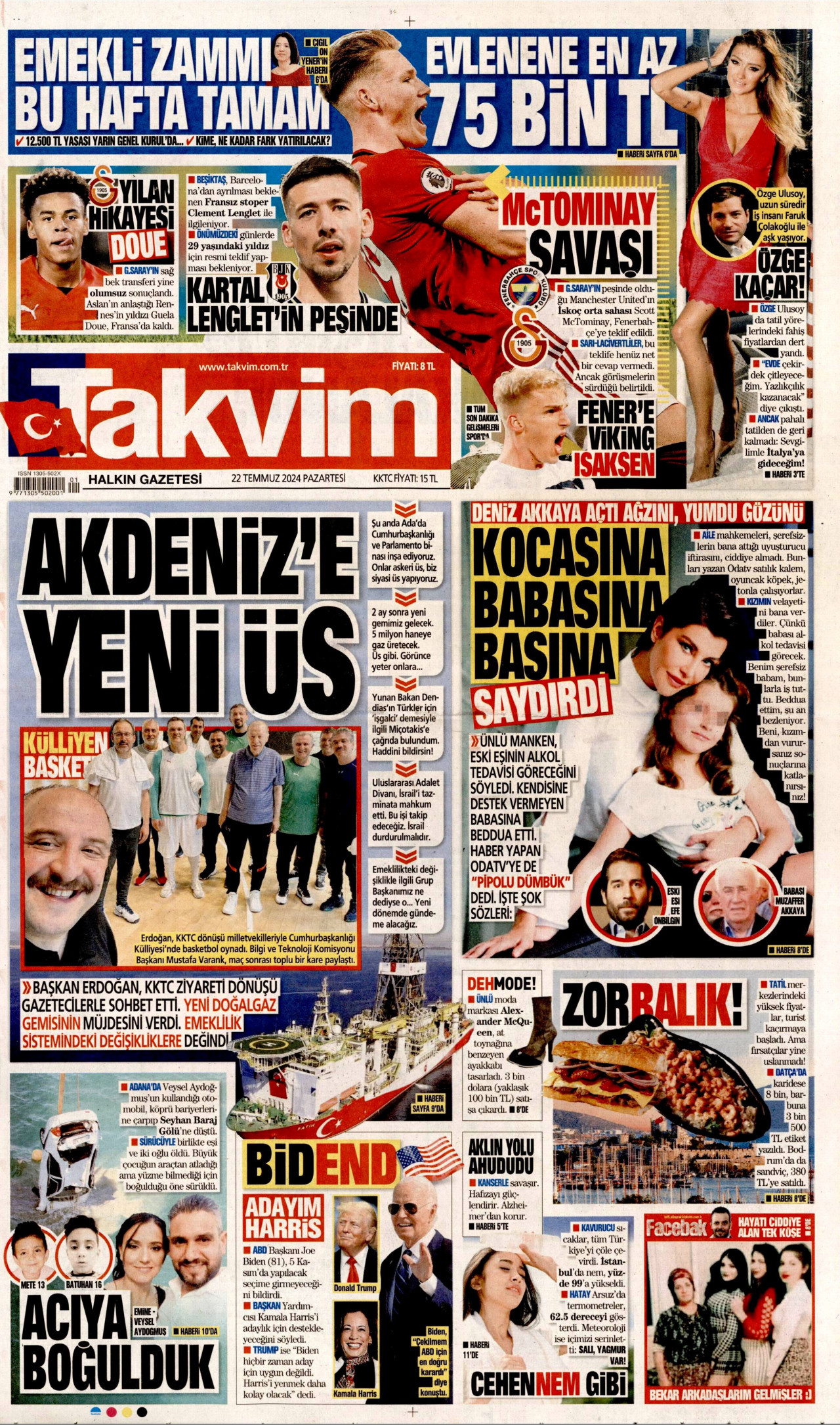 TAKVİM gazetesinin 22 Temmuz 2024 tarihli birinci sayfası