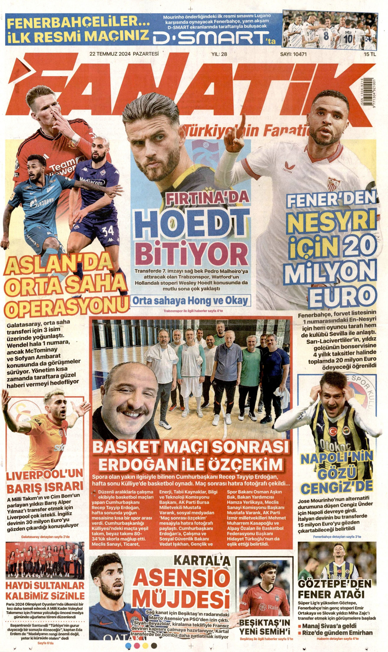 FANATİK gazetesinin 22 Temmuz 2024 tarihli birinci sayfası
