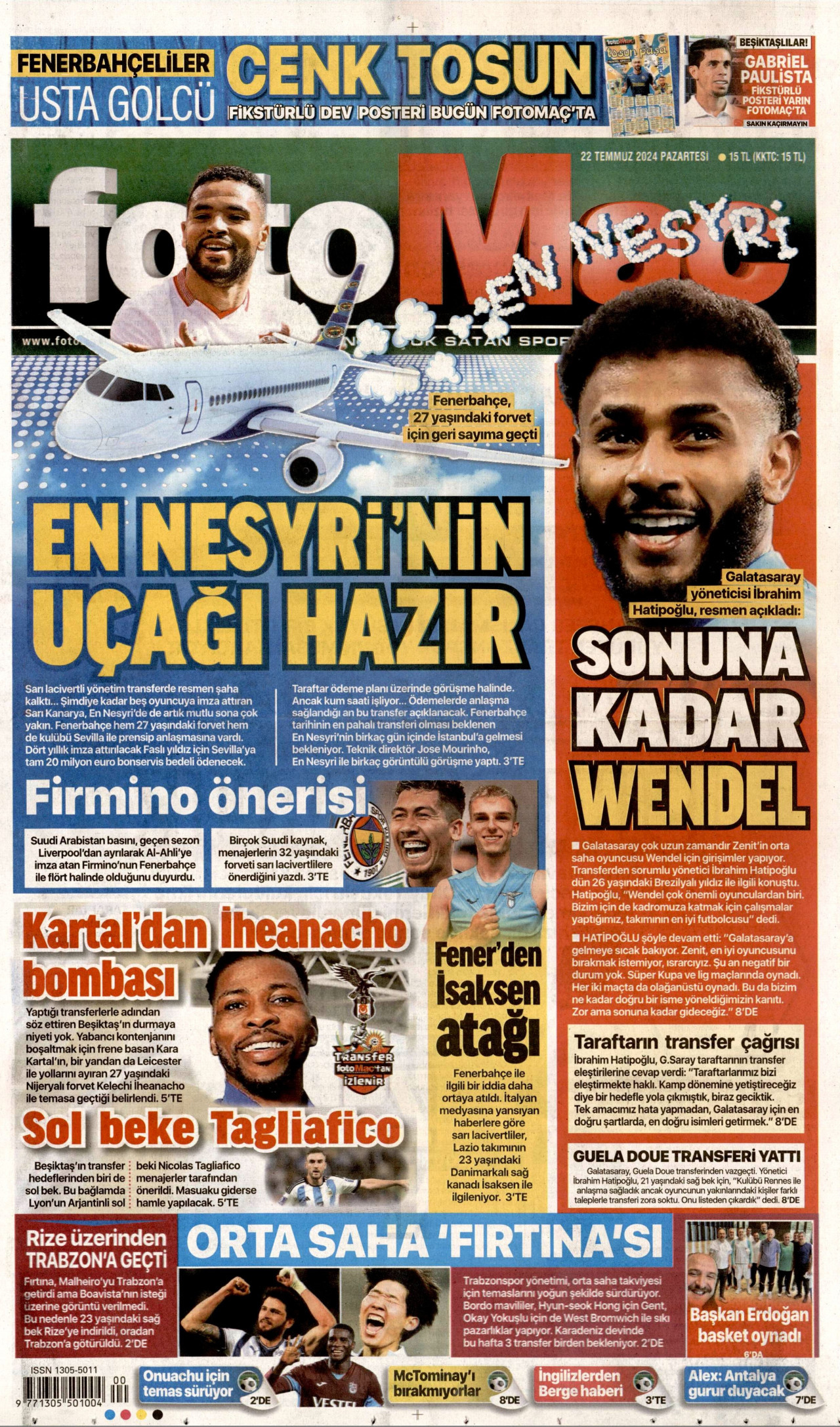 FOTOMAÇ gazetesinin 22 Temmuz 2024 tarihli birinci sayfası