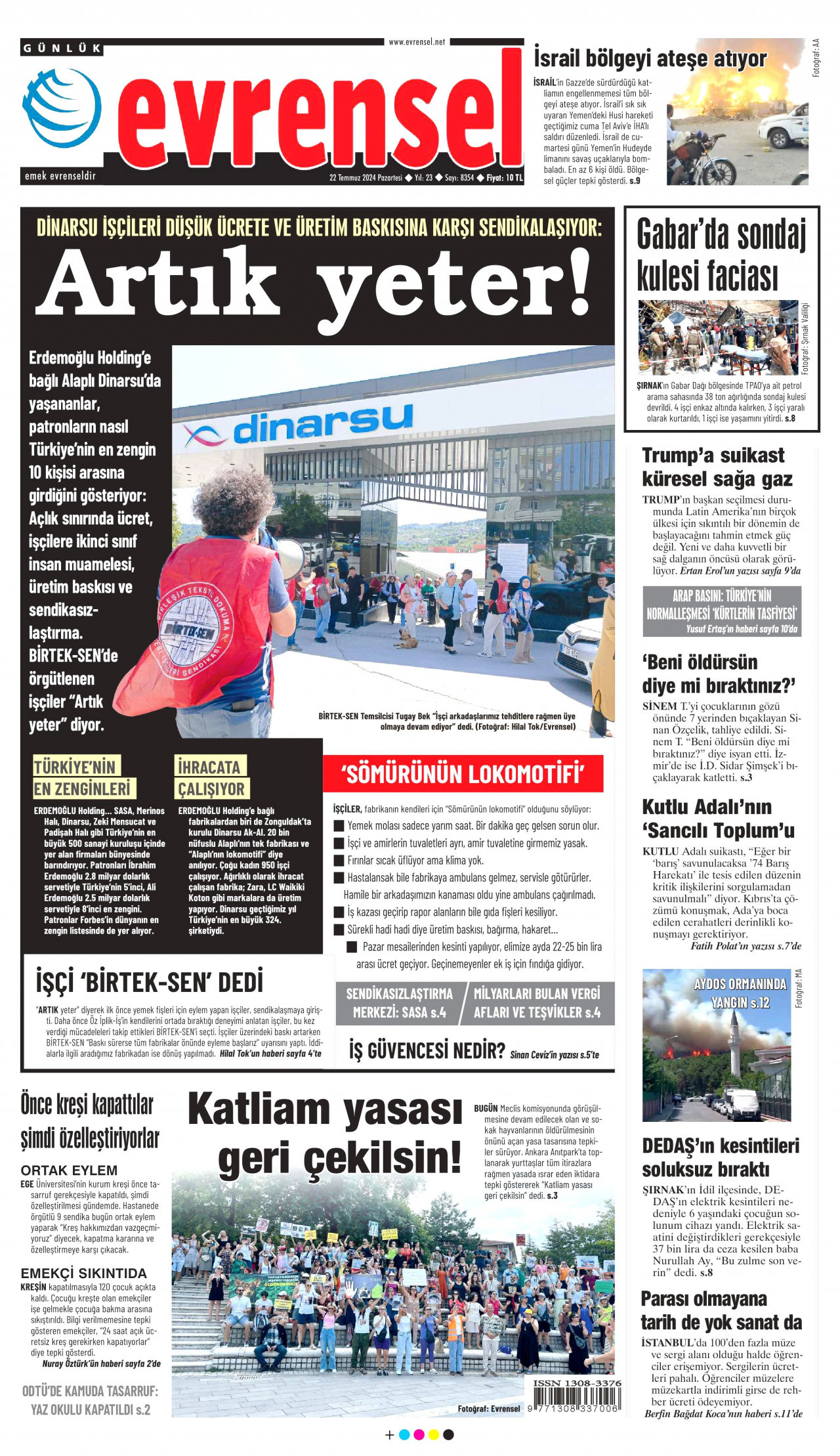 EVRENSEL gazetesinin 22 Temmuz 2024 tarihli birinci sayfası