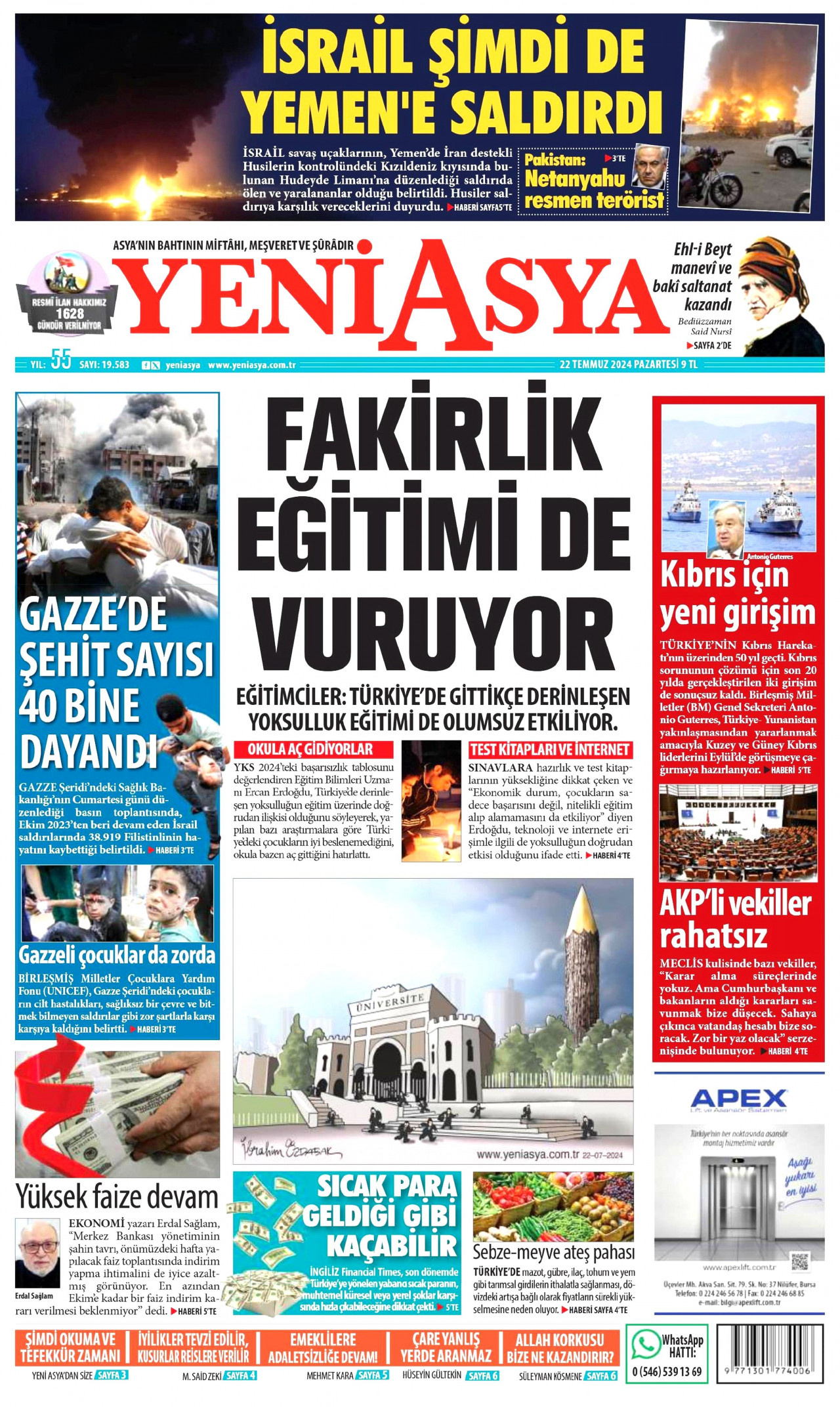 YENİ ASYA gazetesinin 22 Temmuz 2024 tarihli birinci sayfası