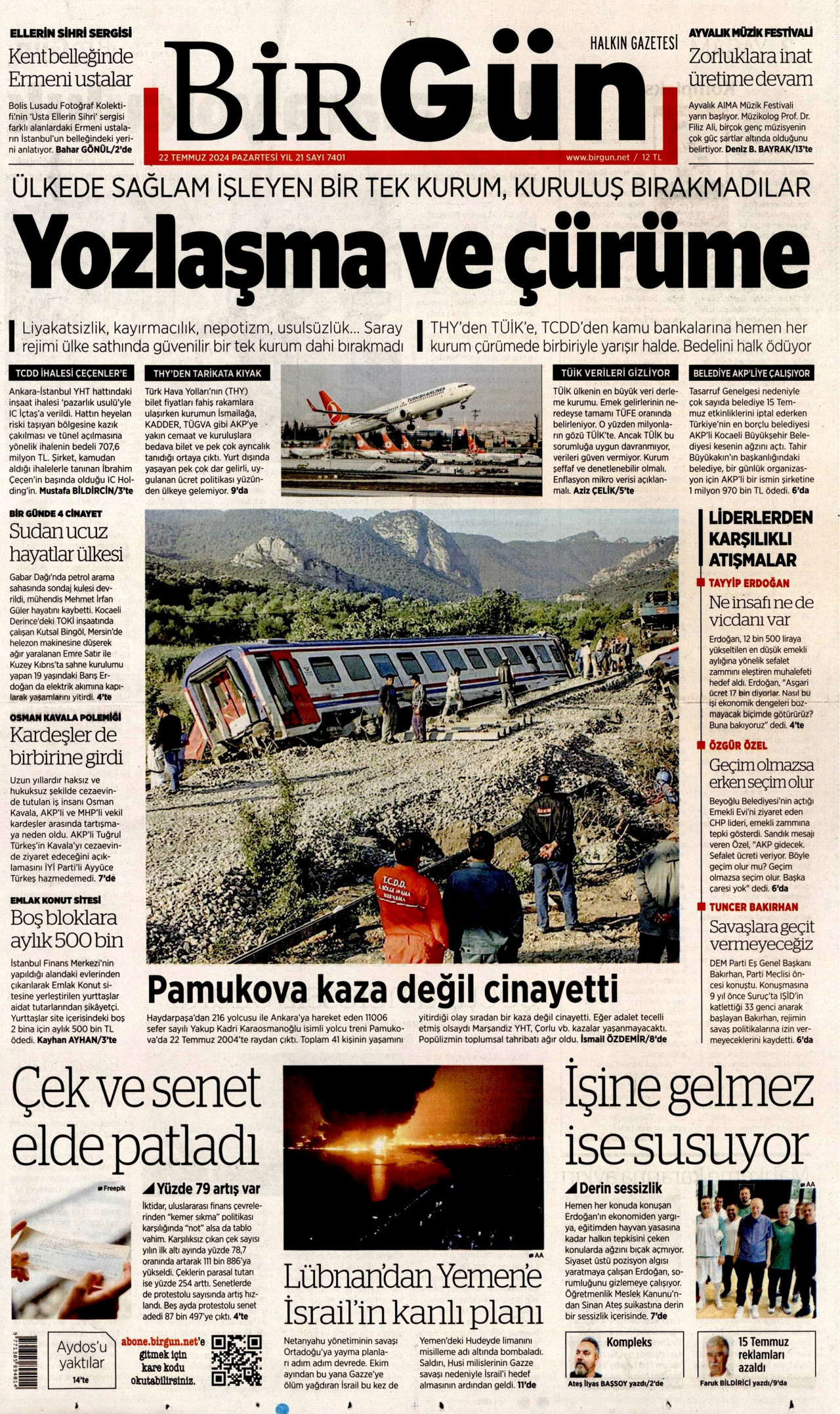 BİRGÜN gazetesinin 22 Temmuz 2024 tarihli birinci sayfası