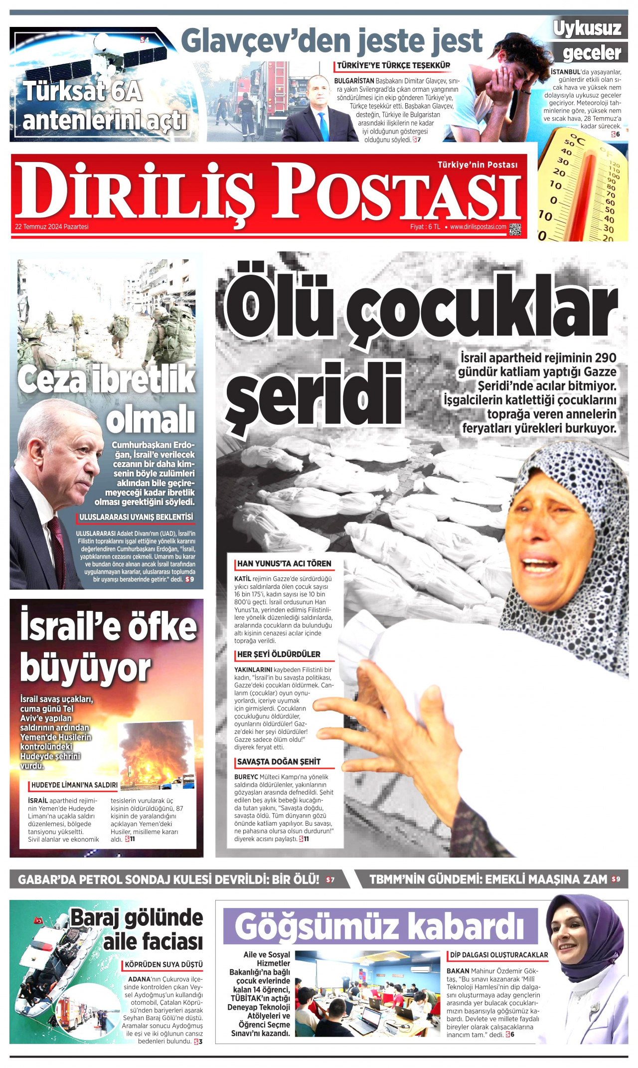 DİRİLİŞ POSTASI gazetesinin 22 Temmuz 2024 tarihli birinci sayfası