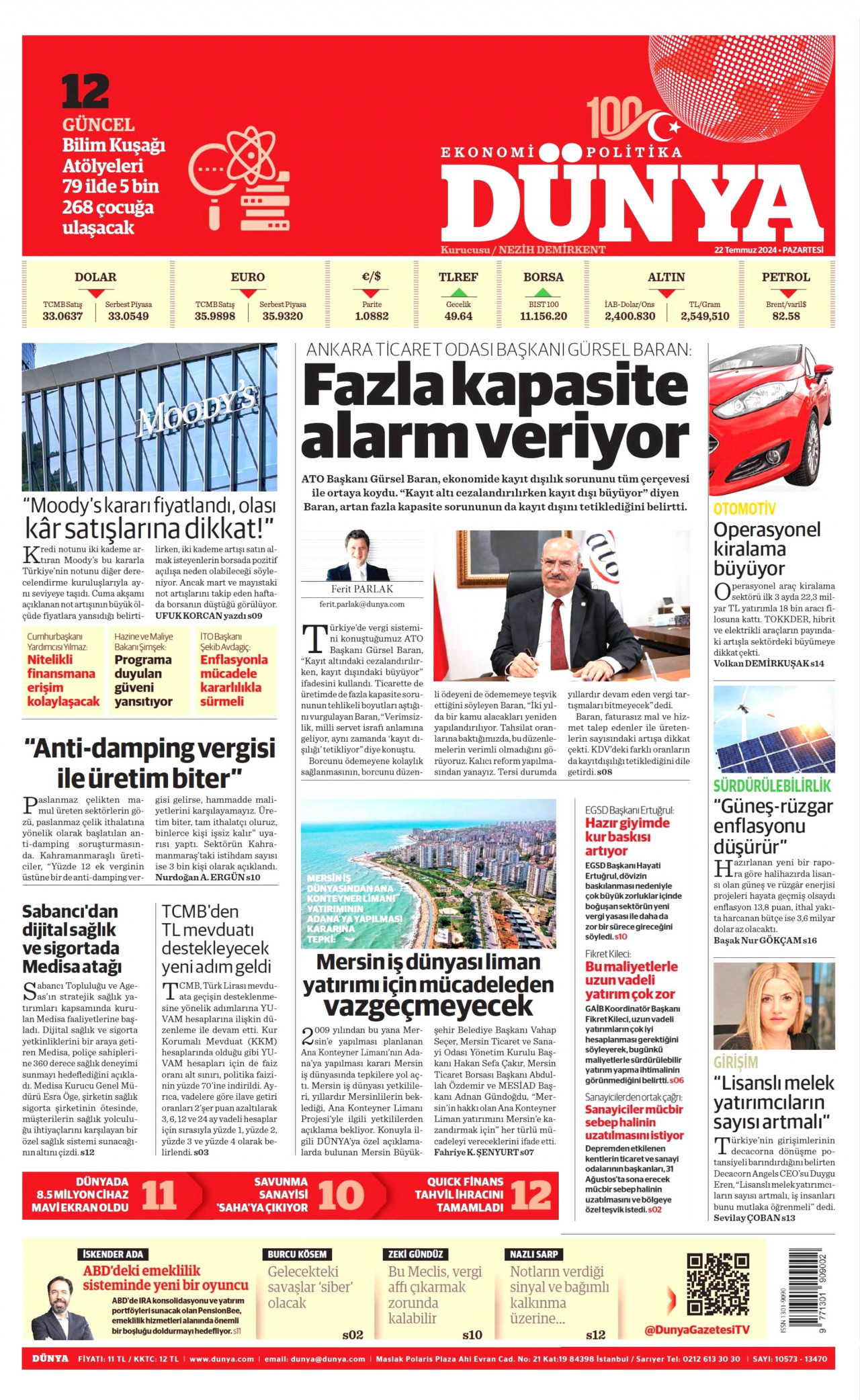 DÜNYA gazetesinin 22 Temmuz 2024 tarihli birinci sayfası