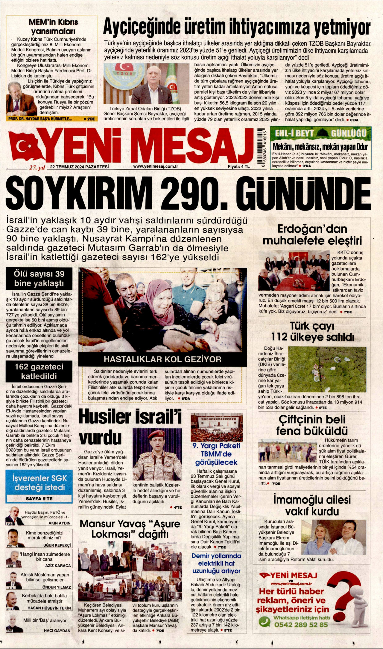 YENİ MESAJ gazetesinin 22 Temmuz 2024 tarihli birinci sayfası