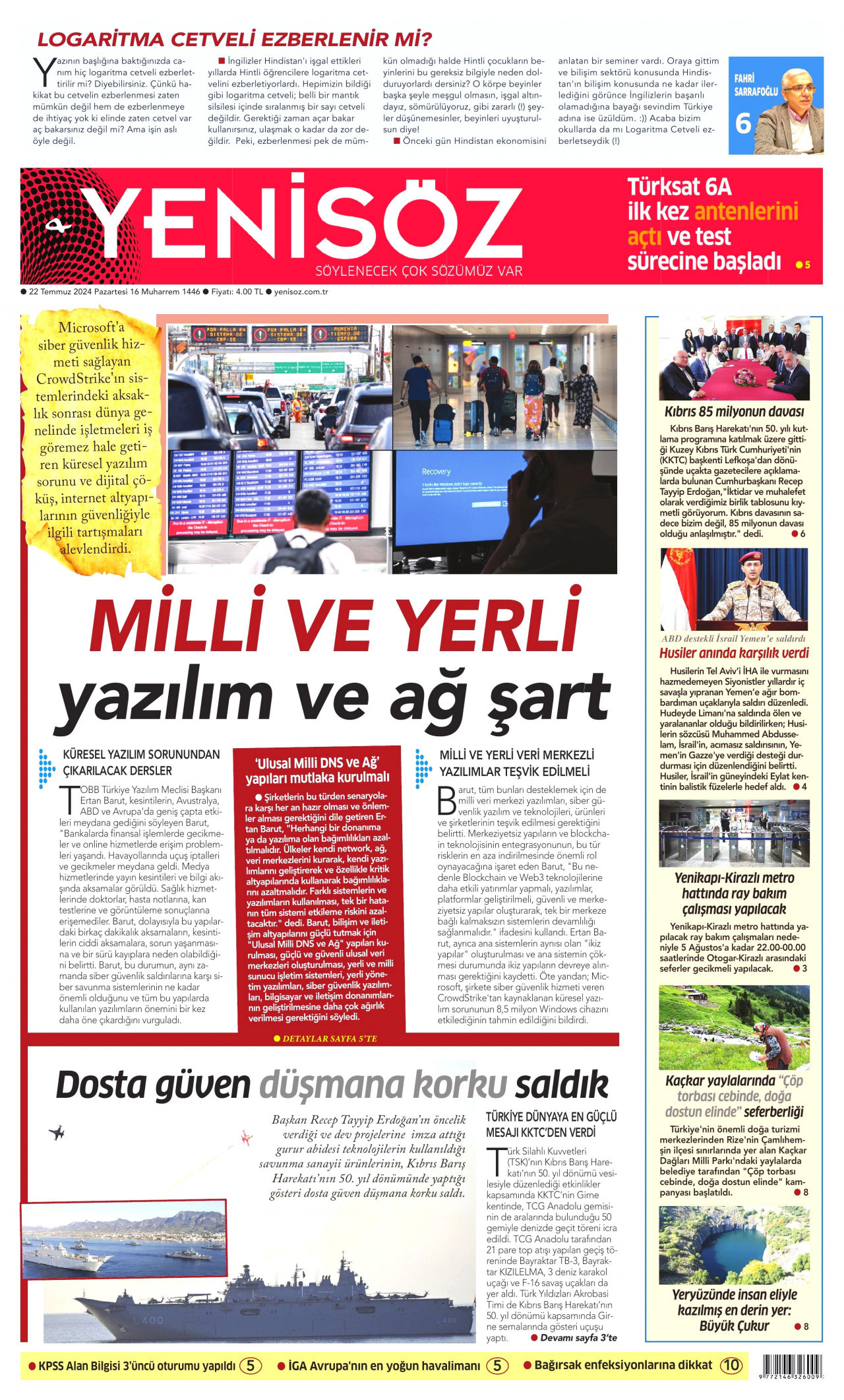 YENİ SÖZ GAZETESİ gazetesinin 22 Temmuz 2024 tarihli birinci sayfası