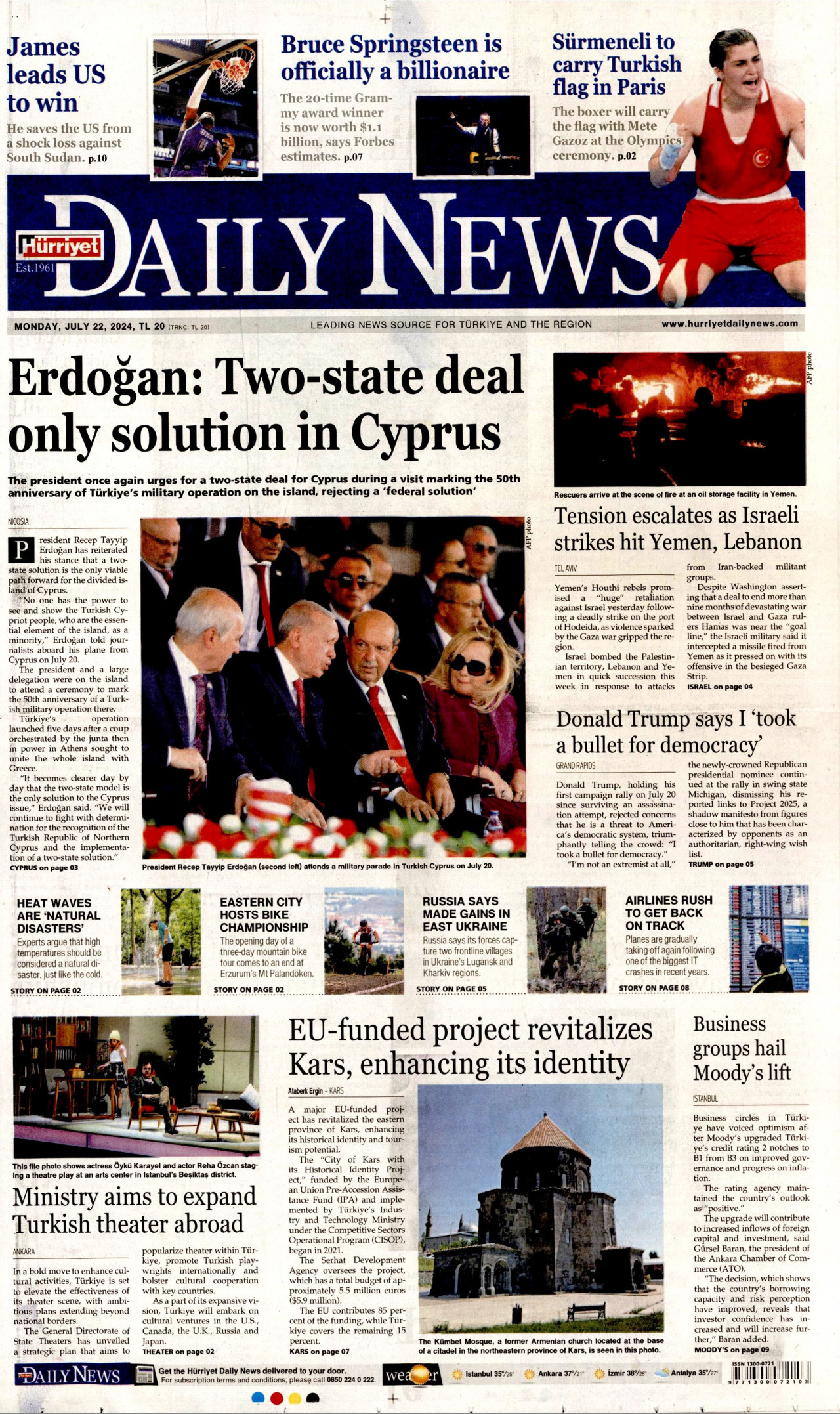 HÜRRİYET DAİLY NEWS gazetesinin 22 Temmuz 2024 tarihli birinci sayfası