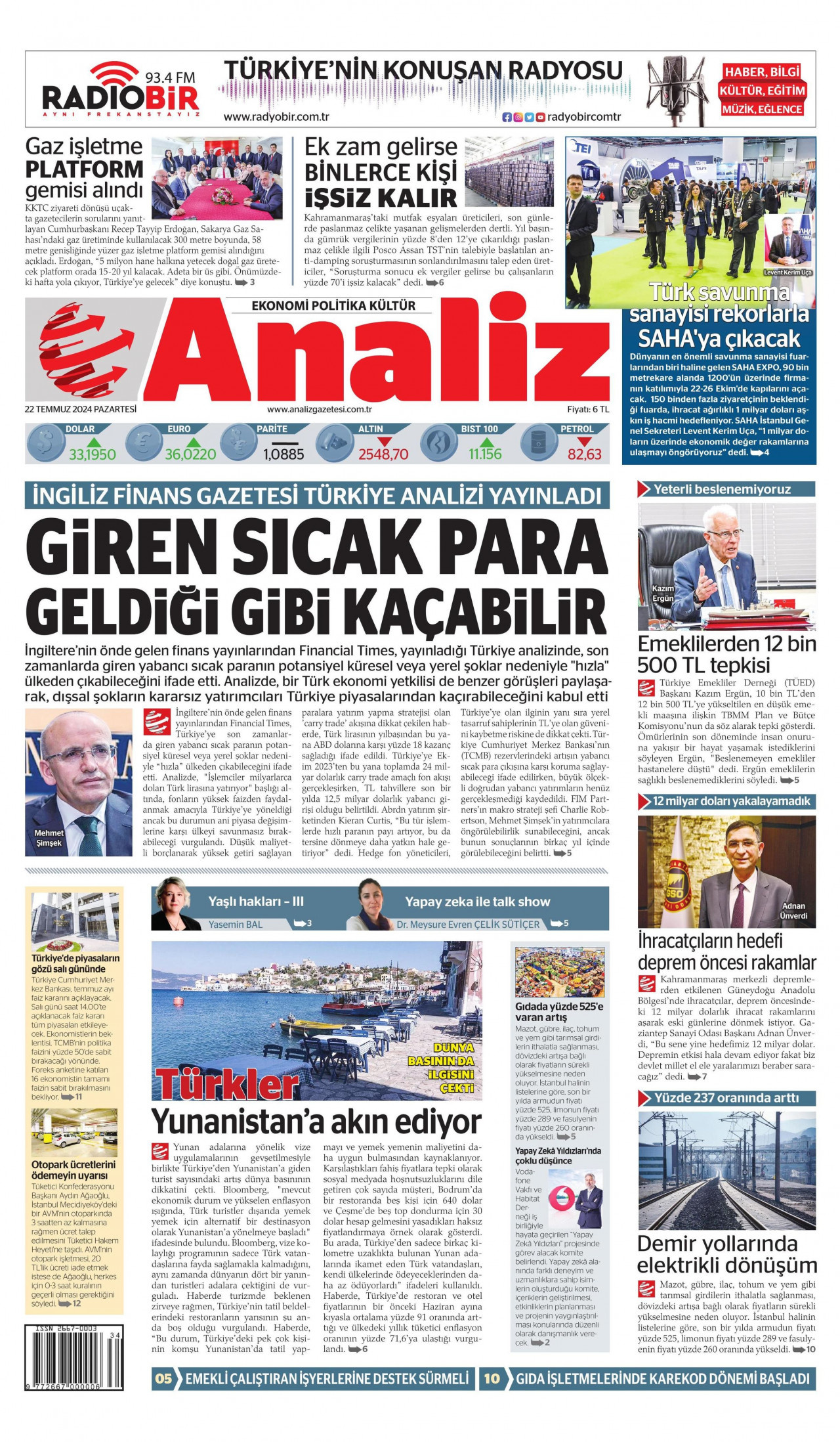 ANALİZ gazetesinin 22 Temmuz 2024 tarihli birinci sayfası