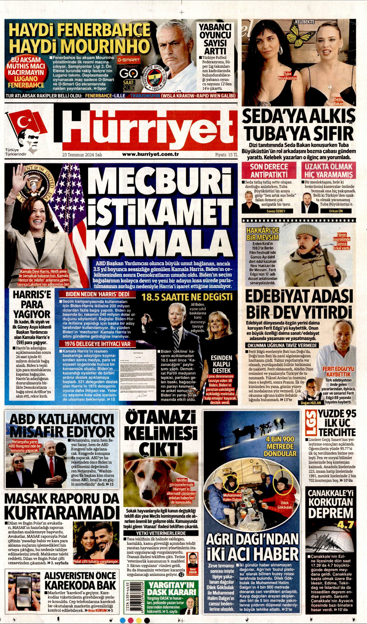 HÜRRİYET gazetesinin 23 Temmuz 2024 tarihli birinci sayfası