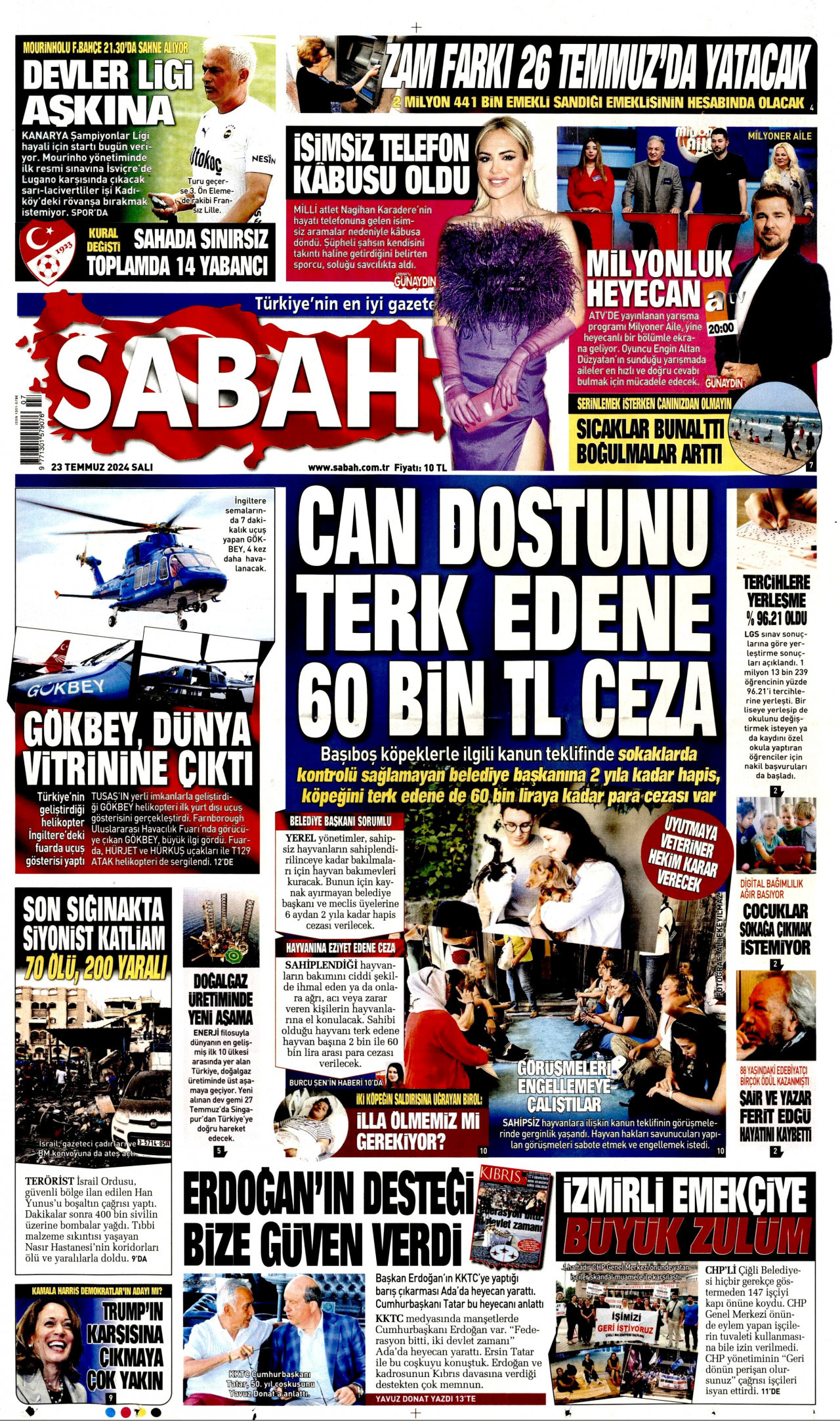 SABAH gazetesinin 23 Temmuz 2024 tarihli birinci sayfası
