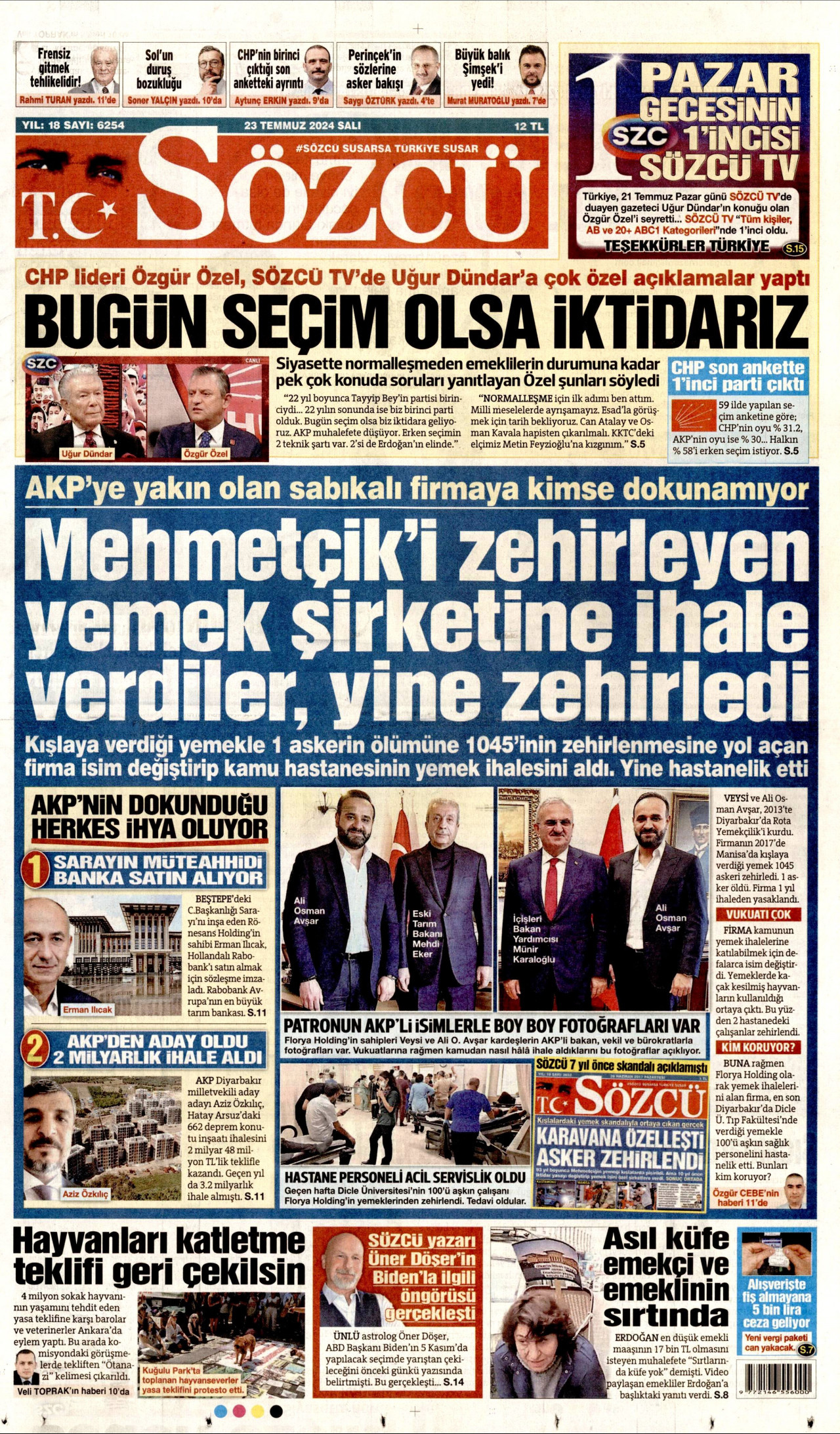 SÖZCÜ gazetesinin 23 Temmuz 2024 tarihli birinci sayfası