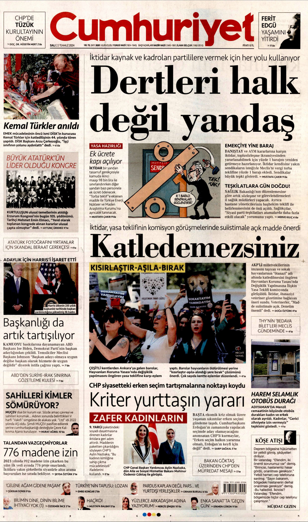CUMHURİYET gazetesinin 23 Temmuz 2024 tarihli birinci sayfası