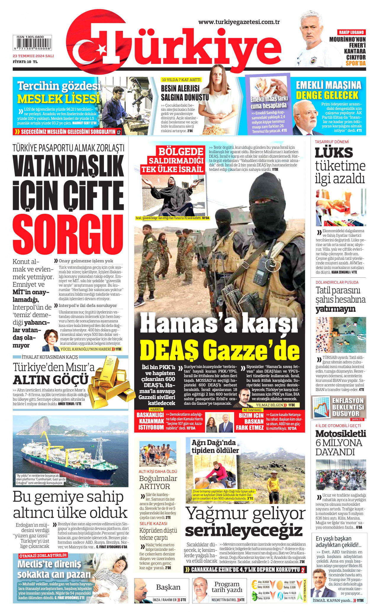 TÜRKİYE GAZETESİ gazetesinin 23 Temmuz 2024 tarihli birinci sayfası