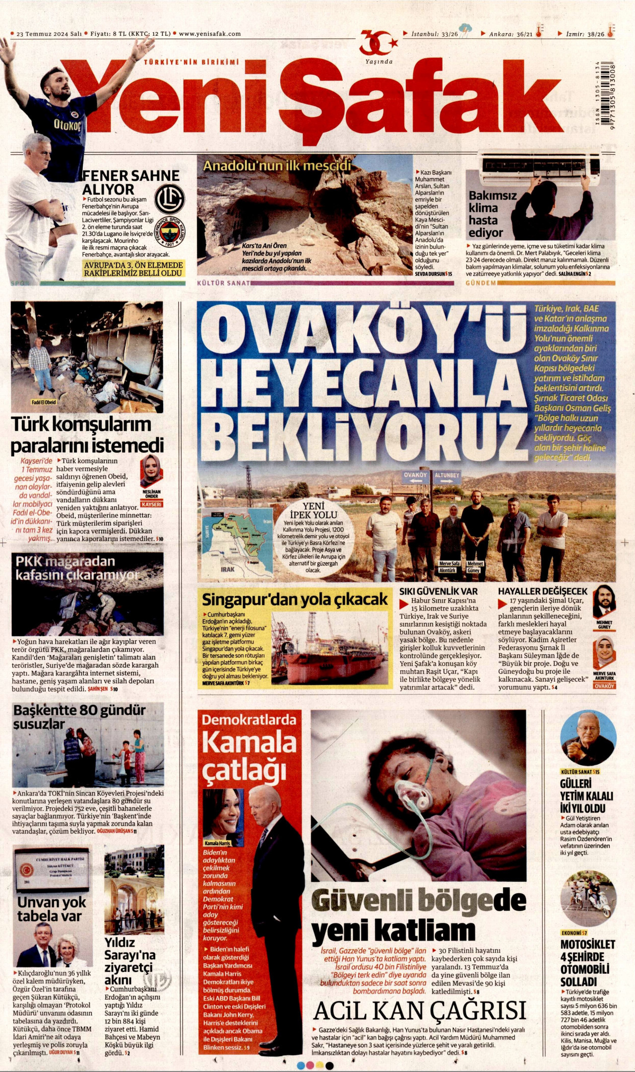 YENİ ŞAFAK gazetesinin 23 Temmuz 2024 tarihli birinci sayfası