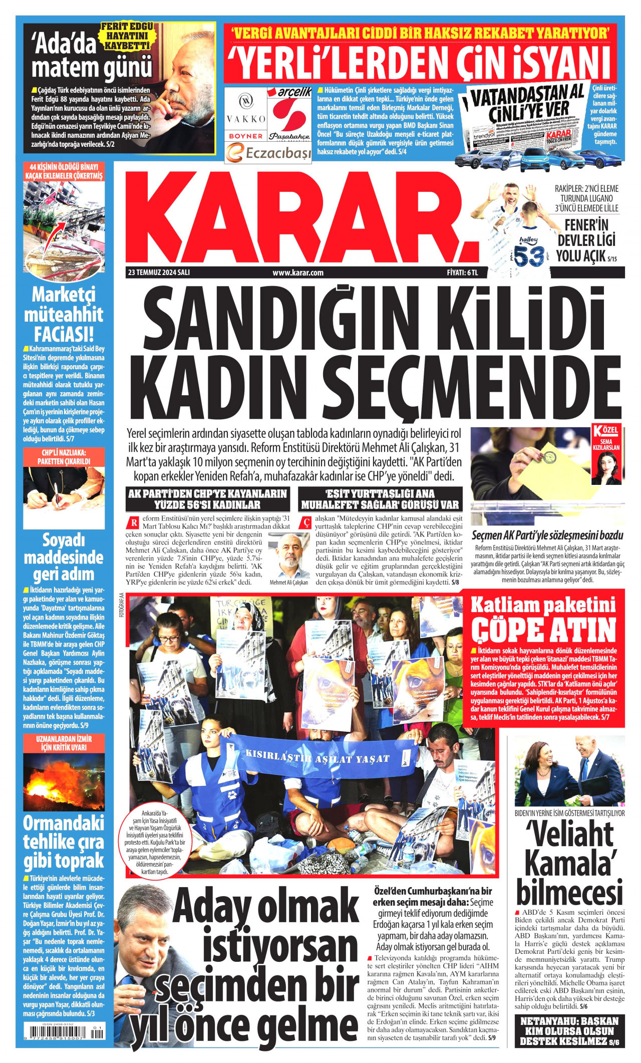KARAR gazetesinin 23 Temmuz 2024 tarihli birinci sayfası