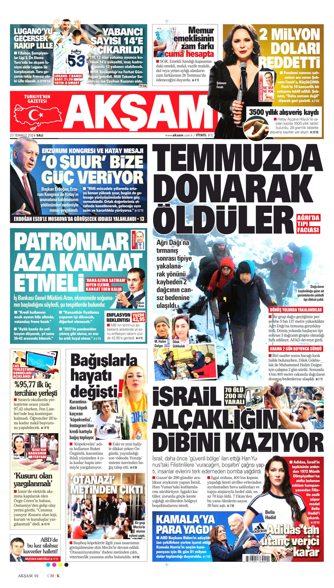 AKŞAM gazetesinin 23 Temmuz 2024 tarihli birinci sayfası
