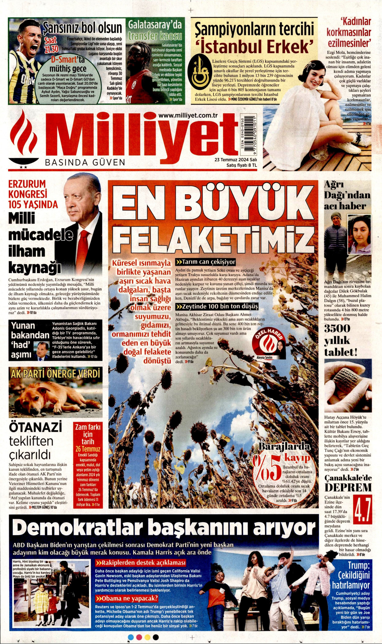 MİLLİYET gazetesinin 23 Temmuz 2024 tarihli birinci sayfası