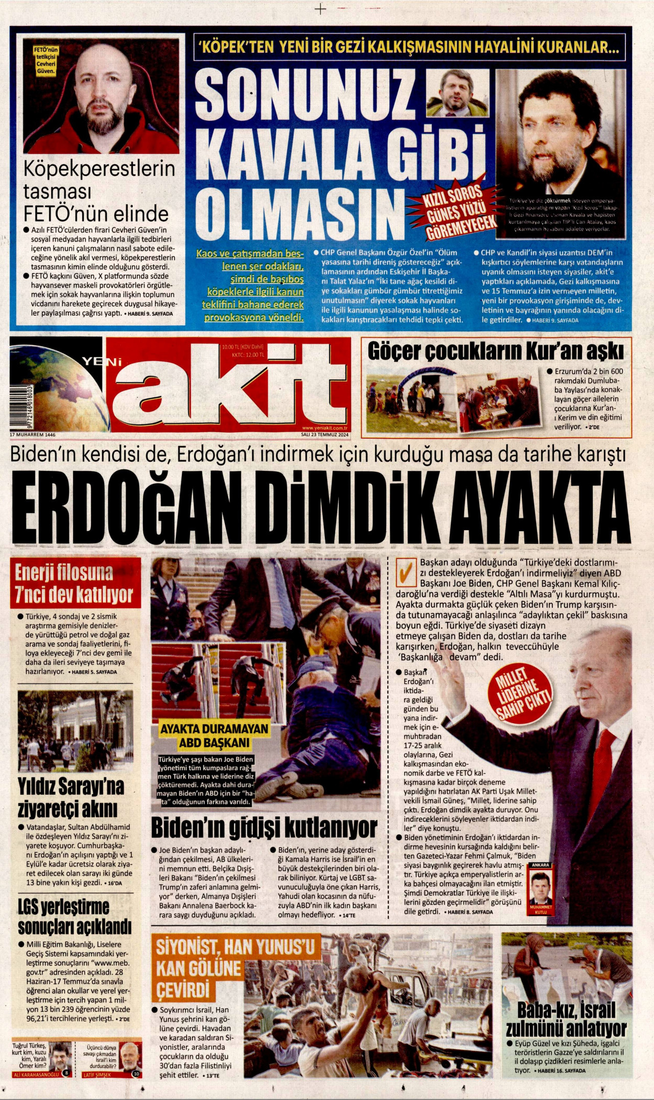 YENİ AKİT gazetesinin 23 Temmuz 2024 tarihli birinci sayfası
