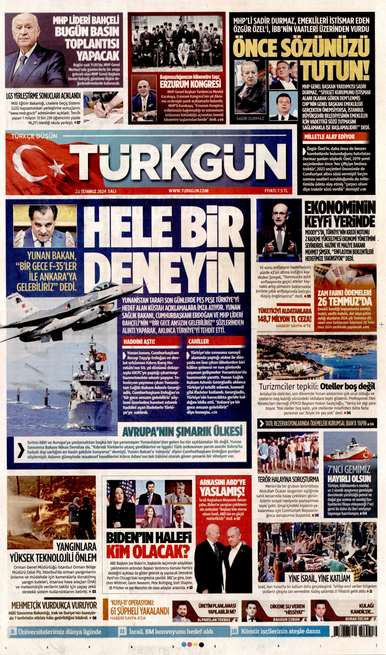 TÜRKGÜN gazetesinin 23 Temmuz 2024 tarihli birinci sayfası