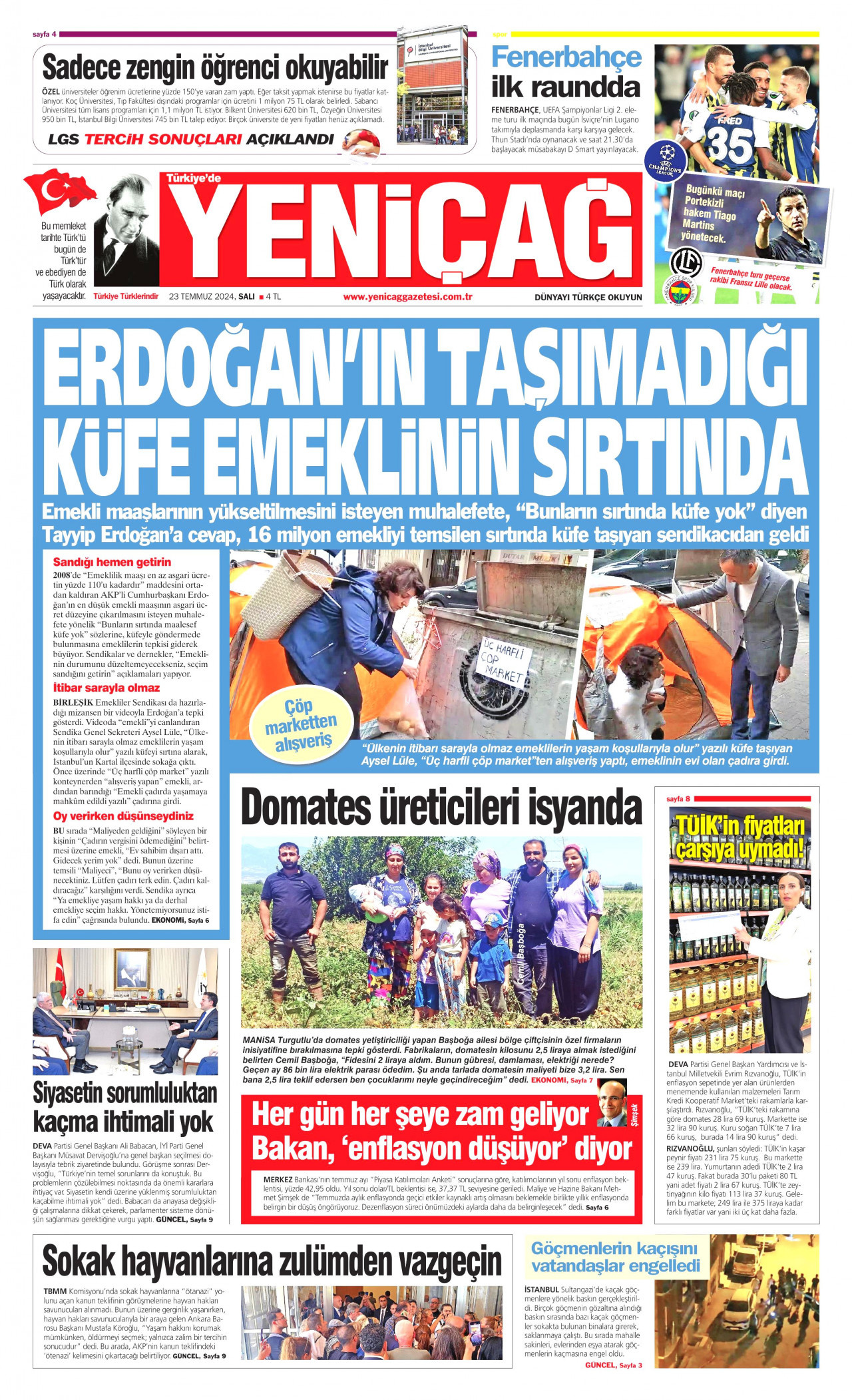 YENİÇAĞ gazetesinin 23 Temmuz 2024 tarihli birinci sayfası