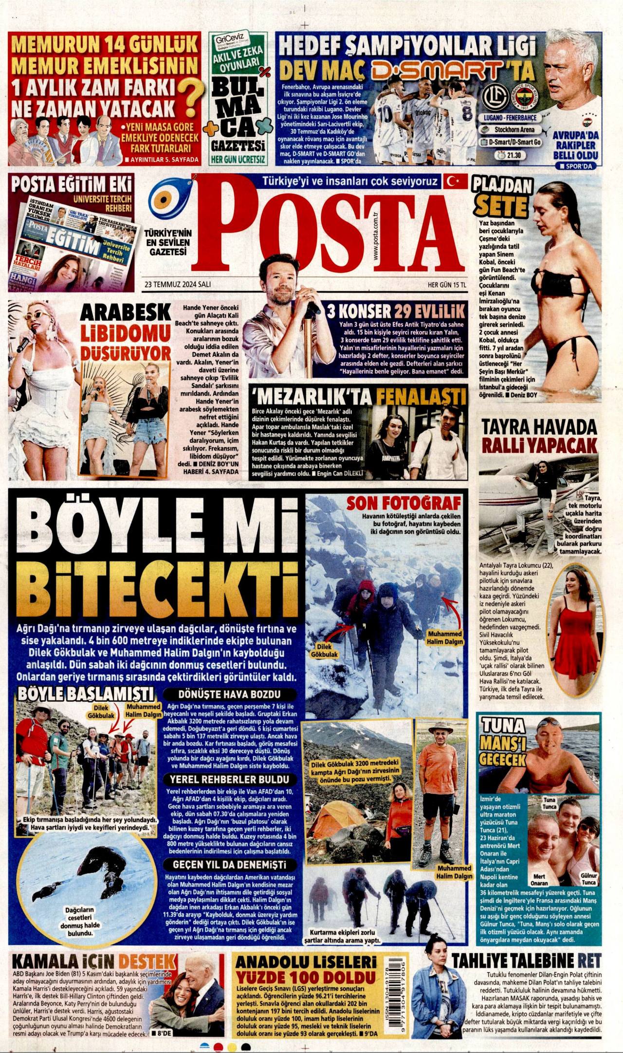 POSTA gazetesinin 23 Temmuz 2024 tarihli birinci sayfası