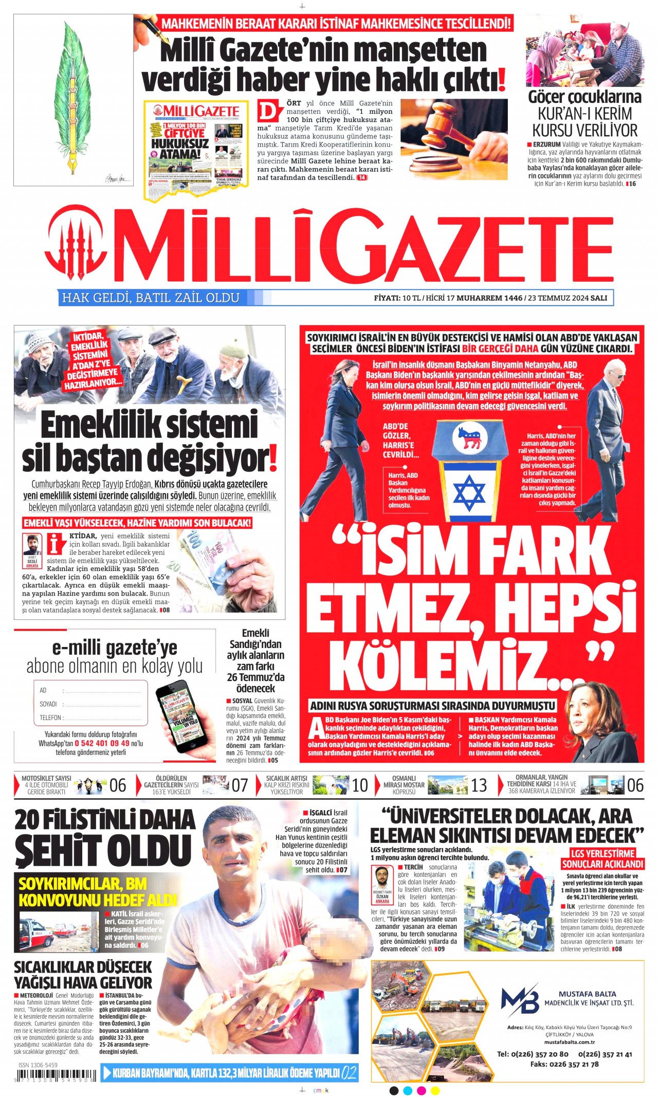 MİLLİ GAZETE gazetesinin 23 Temmuz 2024 tarihli birinci sayfası