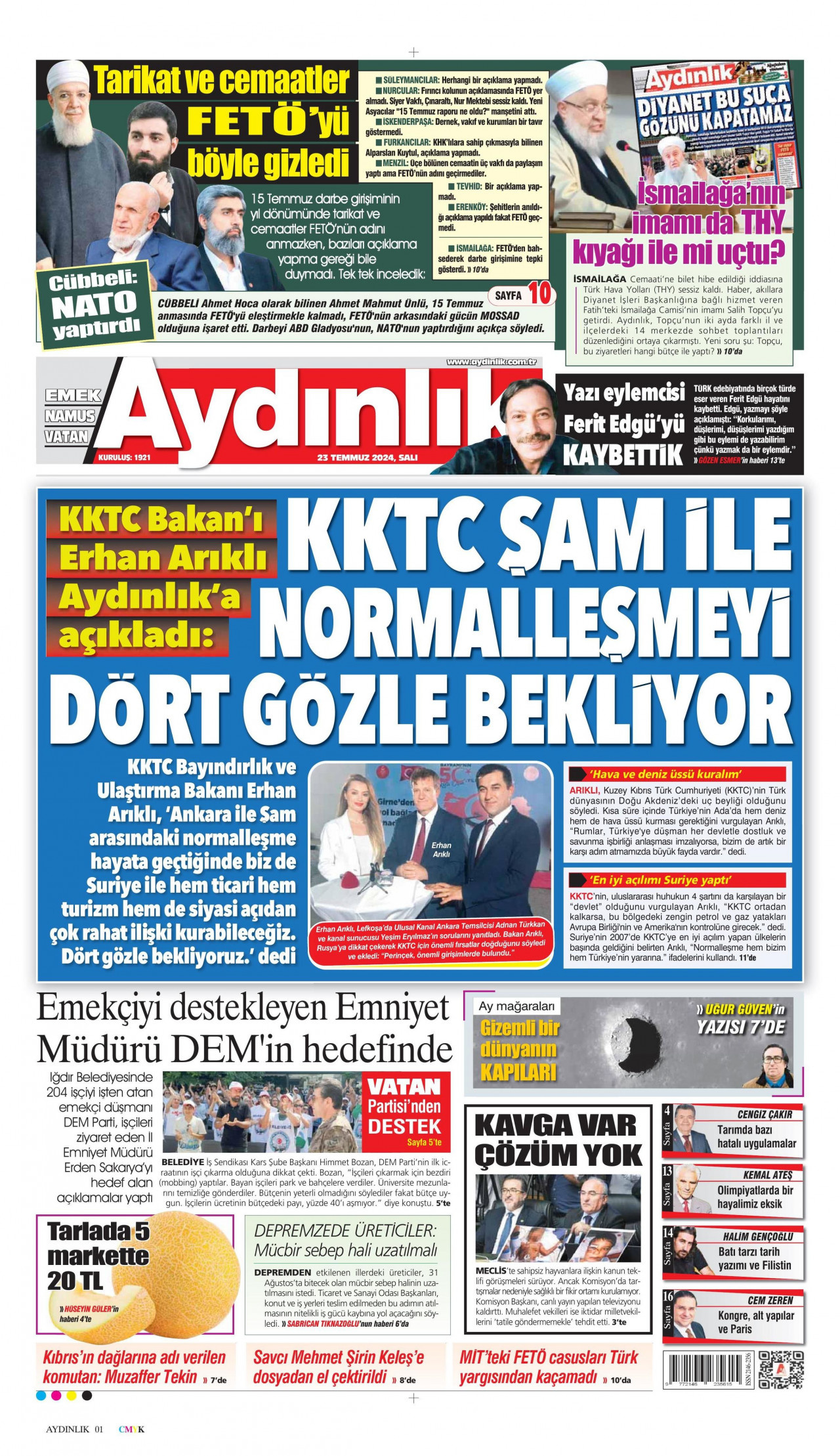 AYDINLIK GAZETESİ gazetesinin 23 Temmuz 2024 tarihli birinci sayfası