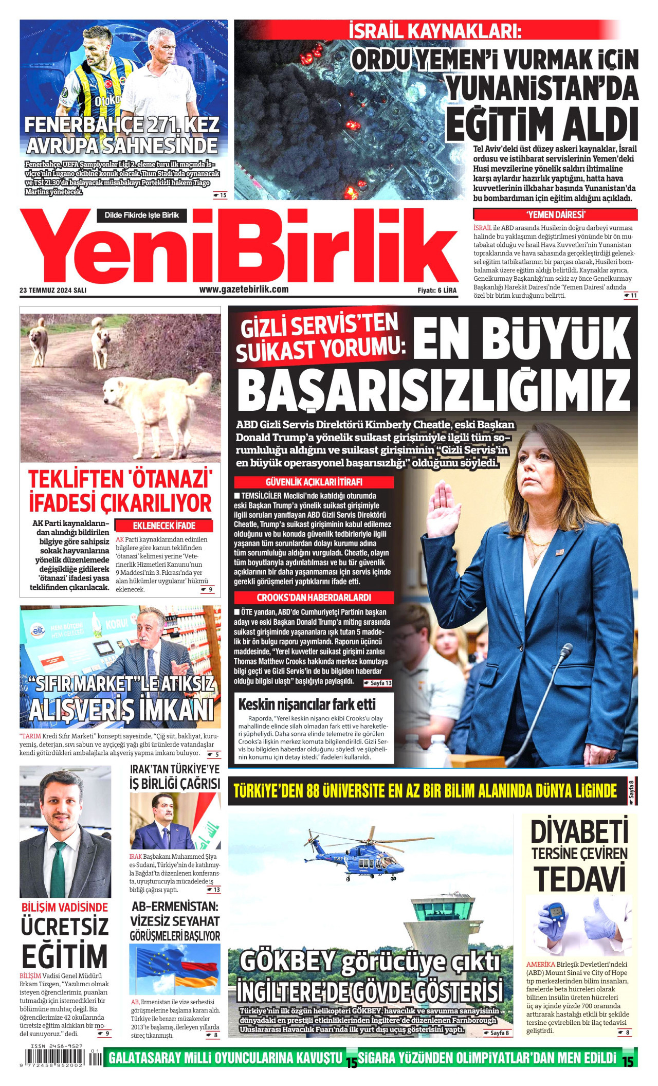 YENİBİRLİK gazetesinin 23 Temmuz 2024 tarihli birinci sayfası