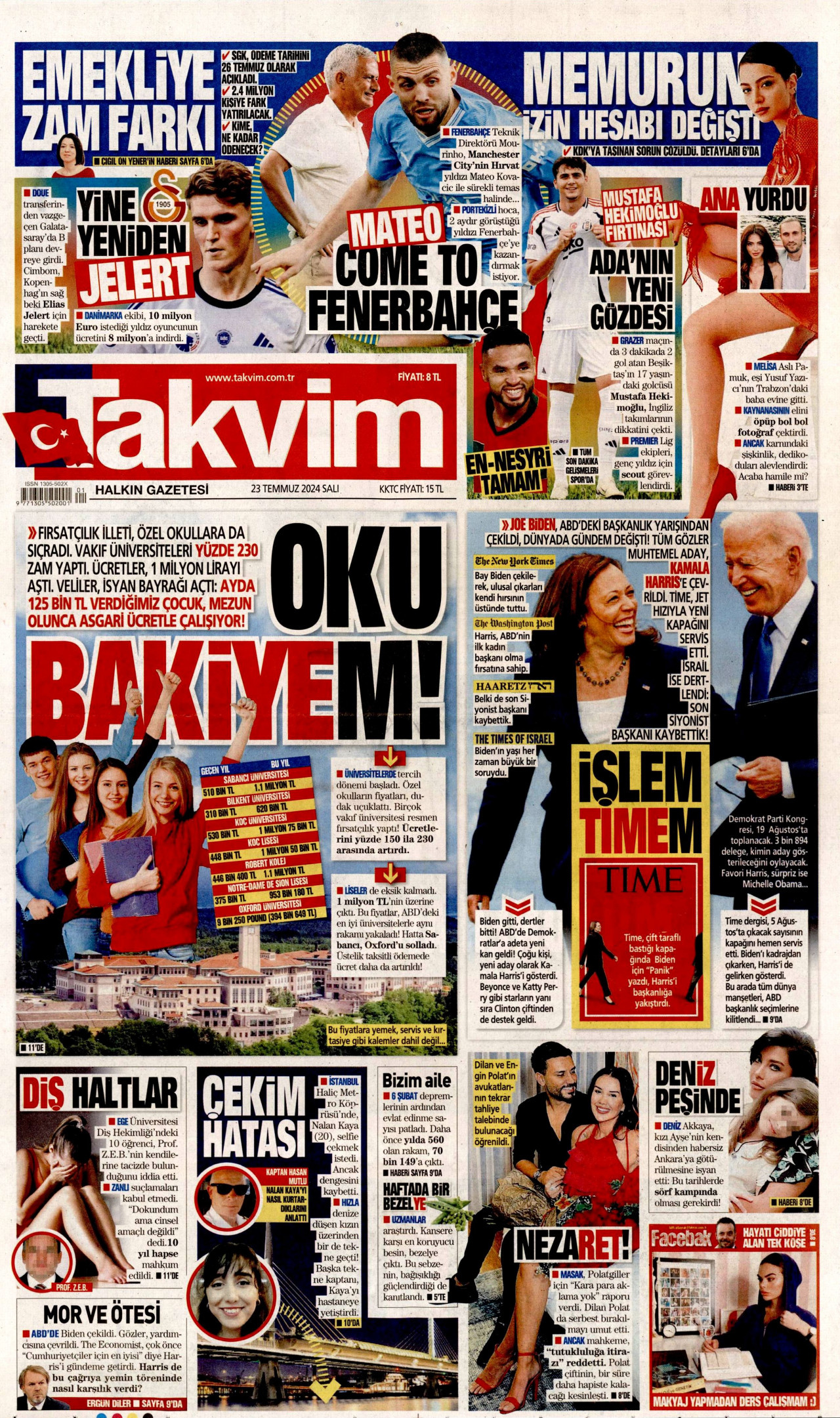 TAKVİM gazetesinin 23 Temmuz 2024 tarihli birinci sayfası