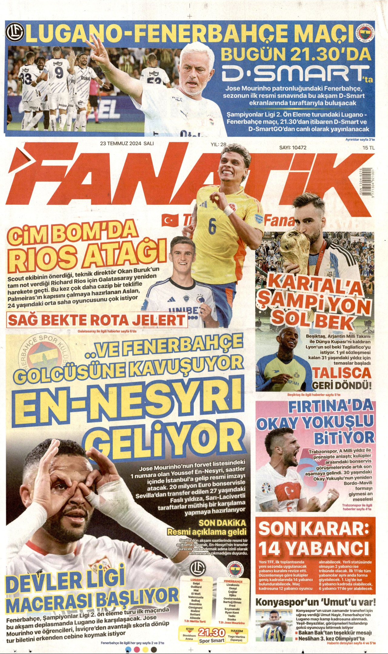 FANATİK gazetesinin 23 Temmuz 2024 tarihli birinci sayfası