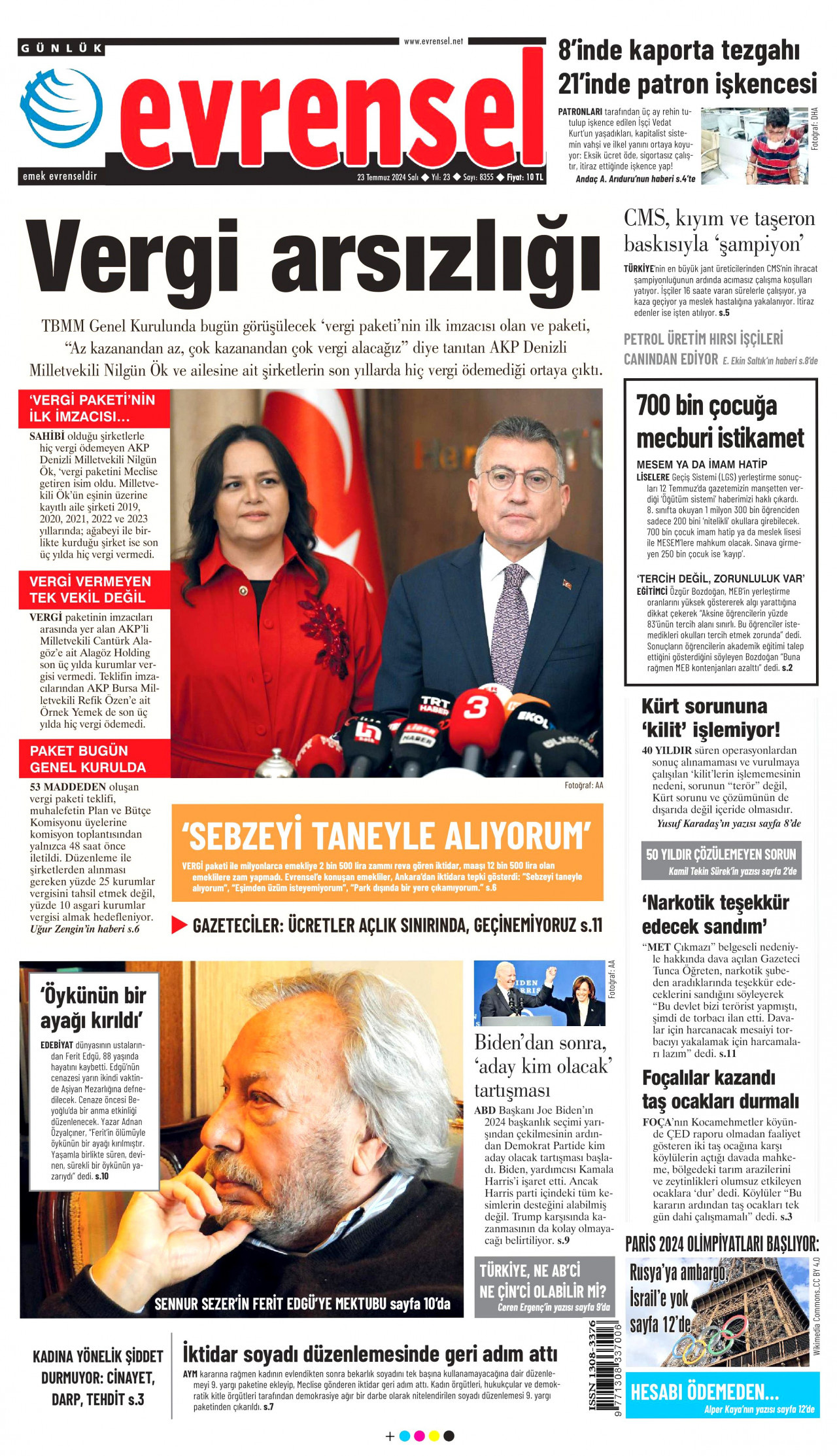 EVRENSEL gazetesinin 23 Temmuz 2024 tarihli birinci sayfası
