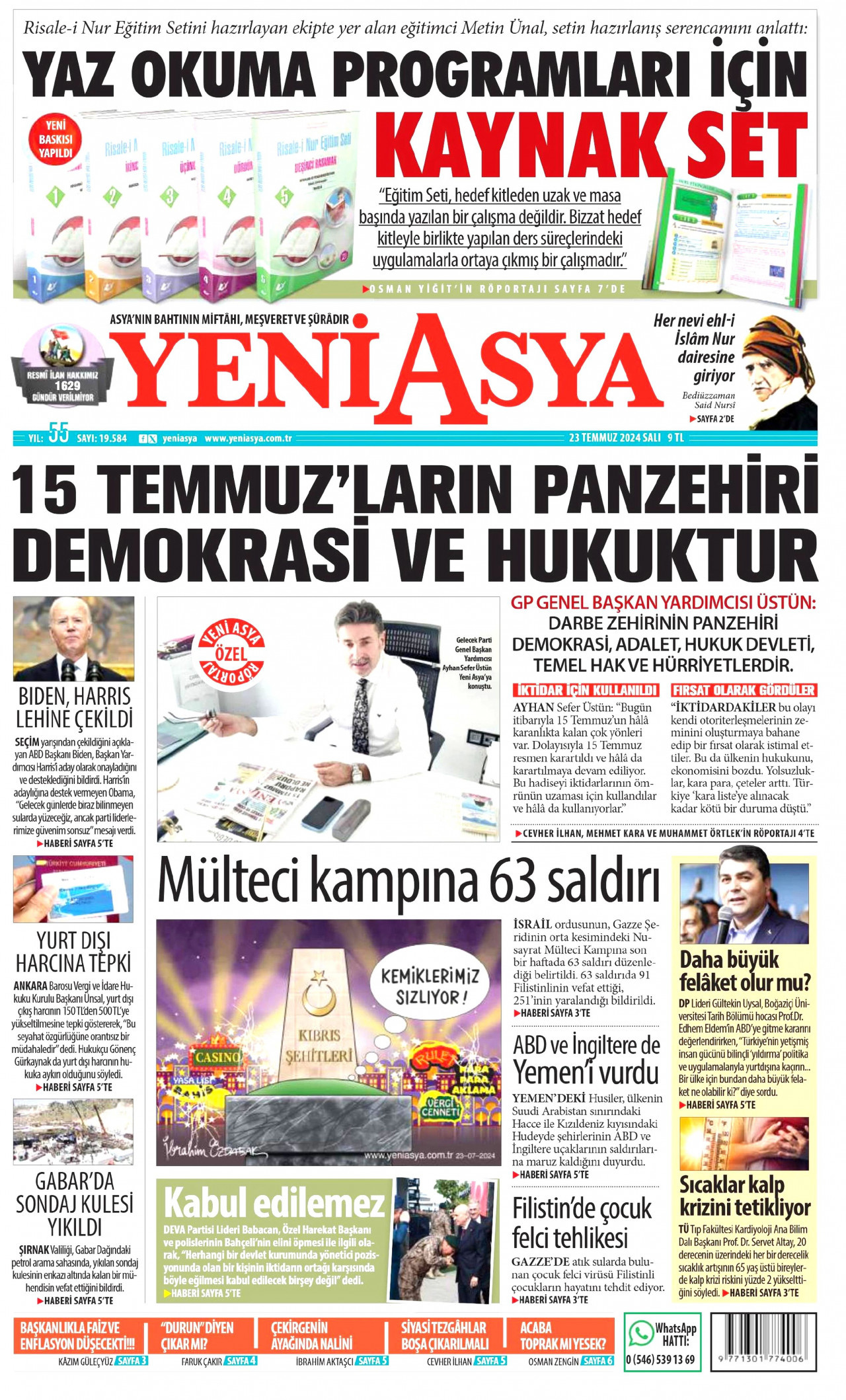 YENİ ASYA gazetesinin 23 Temmuz 2024 tarihli birinci sayfası