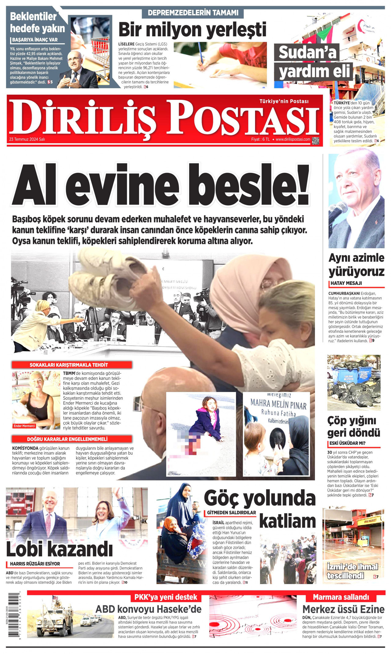 DİRİLİŞ POSTASI gazetesinin 23 Temmuz 2024 tarihli birinci sayfası