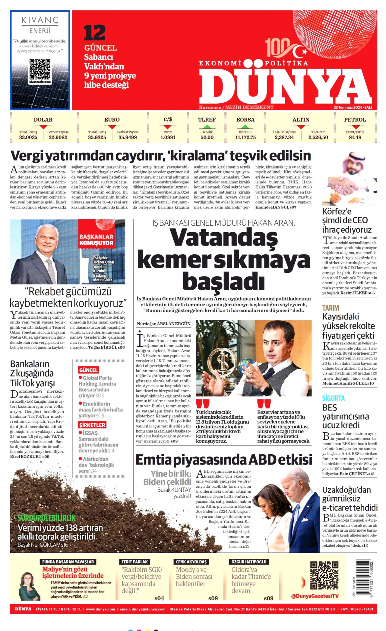 DÜNYA gazetesinin 23 Temmuz 2024 tarihli birinci sayfası