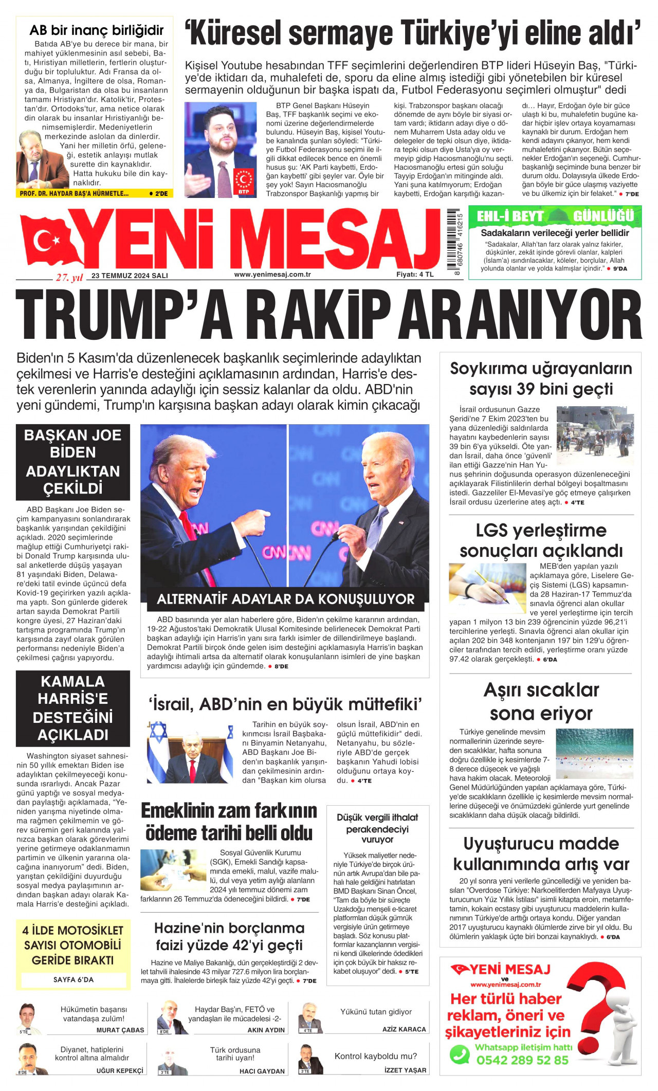 YENİ MESAJ gazetesinin 23 Temmuz 2024 tarihli birinci sayfası