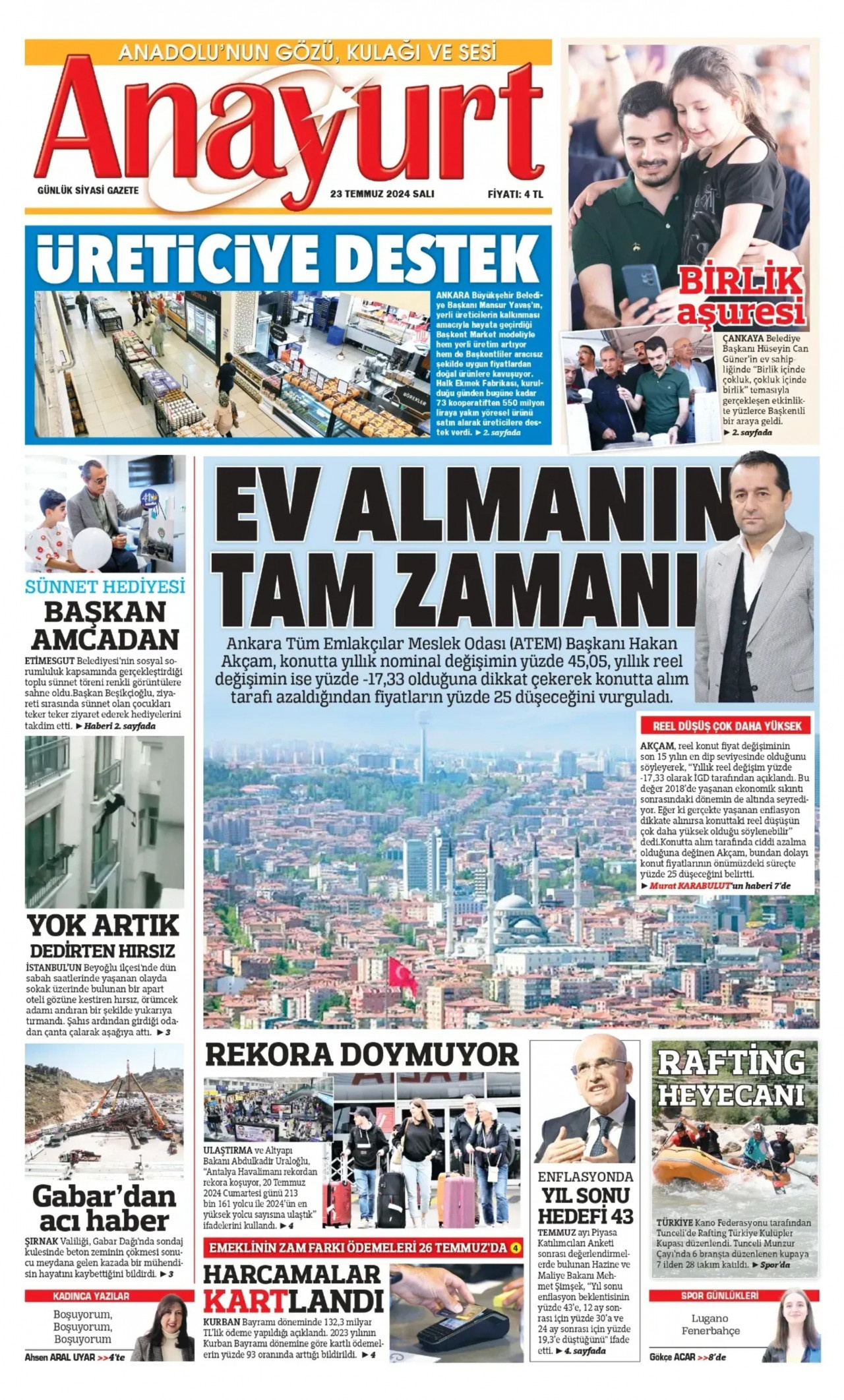 ANAYURT gazetesinin 23 Temmuz 2024 tarihli birinci sayfası