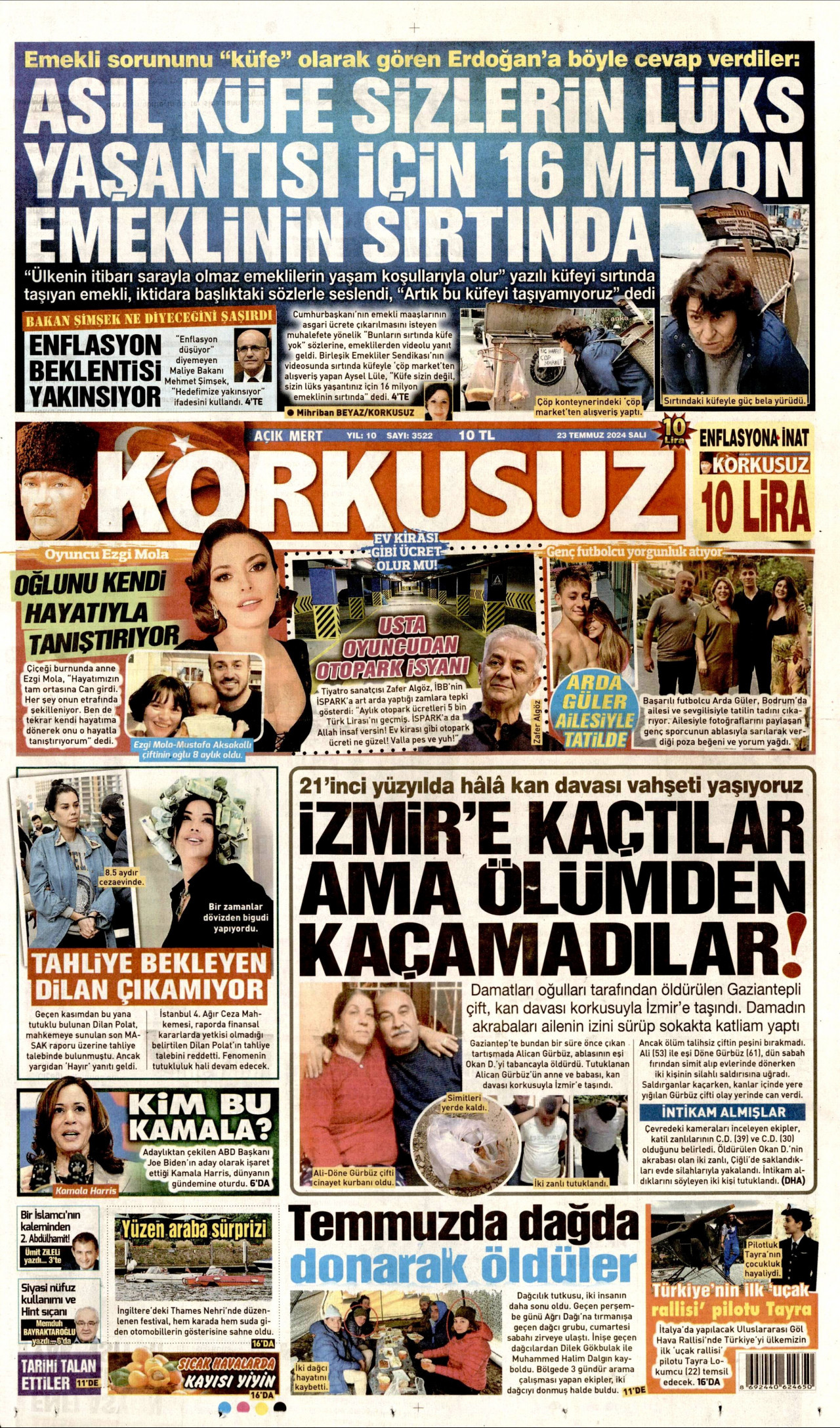 KORKUSUZ gazetesinin 23 Temmuz 2024 tarihli birinci sayfası