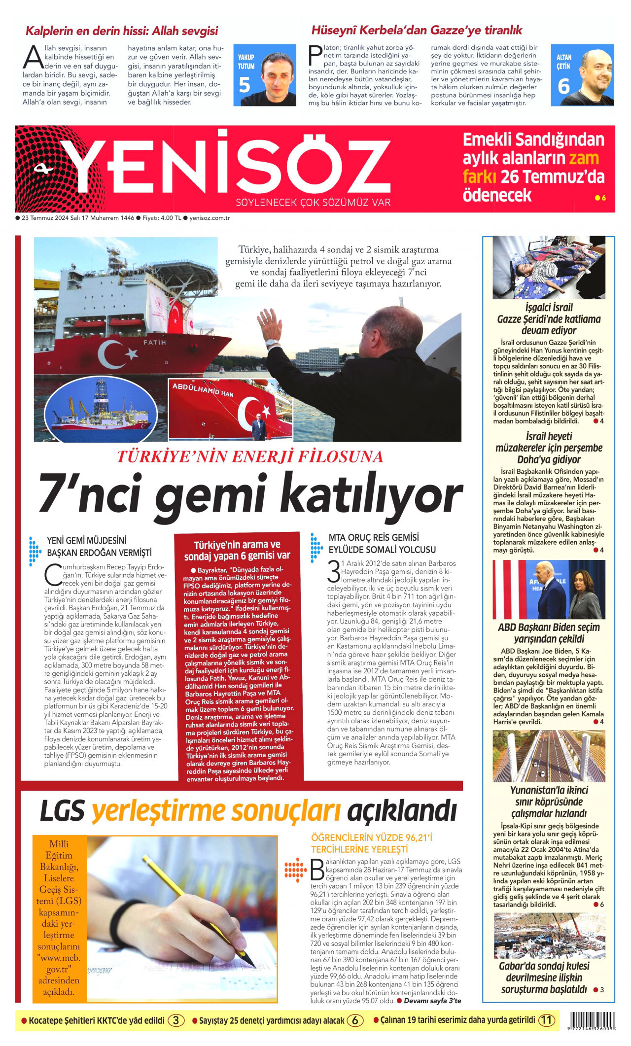 YENİ SÖZ GAZETESİ gazetesinin 23 Temmuz 2024 tarihli birinci sayfası