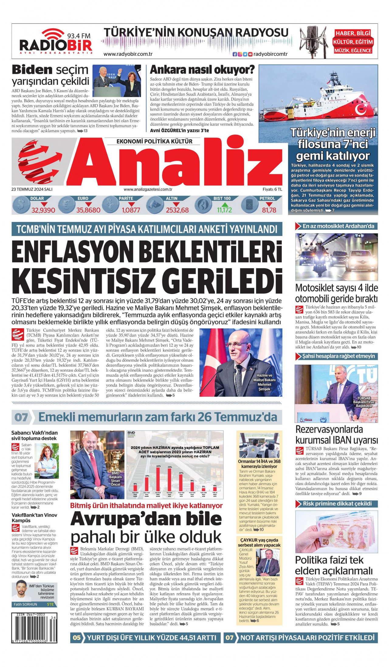 ANALİZ gazetesinin 23 Temmuz 2024 tarihli birinci sayfası