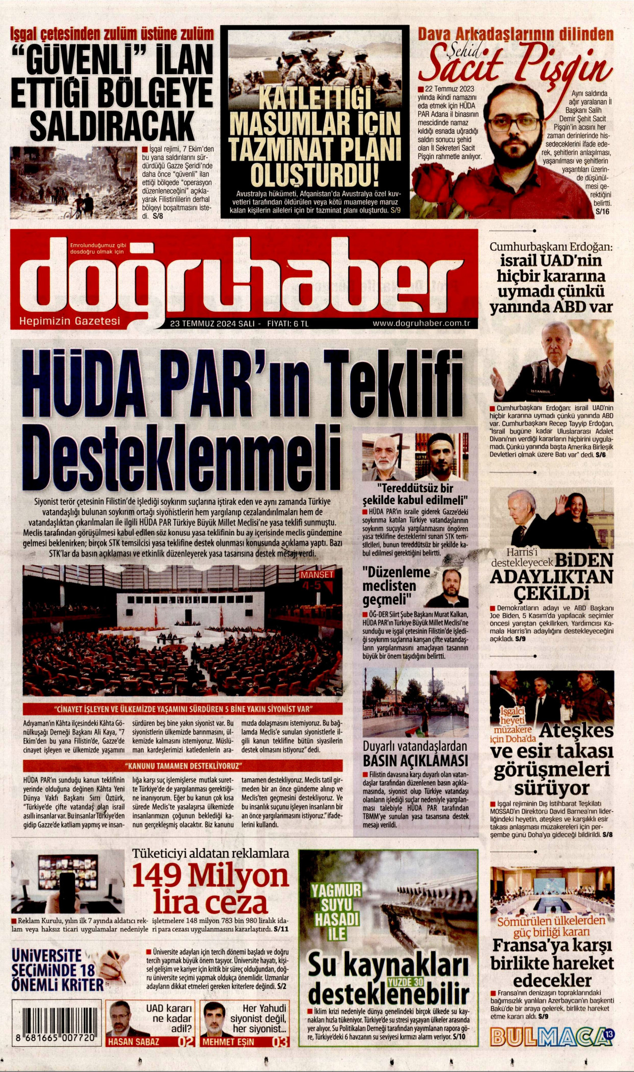 DOĞRU HABER gazetesinin 23 Temmuz 2024 tarihli birinci sayfası