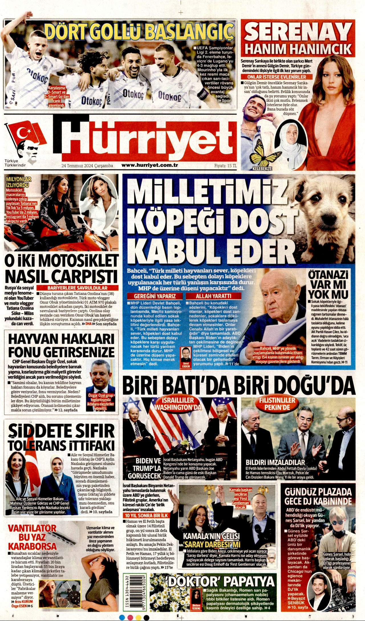HÜRRİYET gazetesinin 24 Temmuz 2024 tarihli birinci sayfası