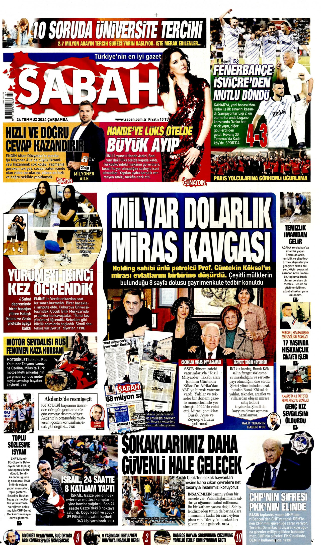 SABAH gazetesinin 24 Temmuz 2024 tarihli birinci sayfası