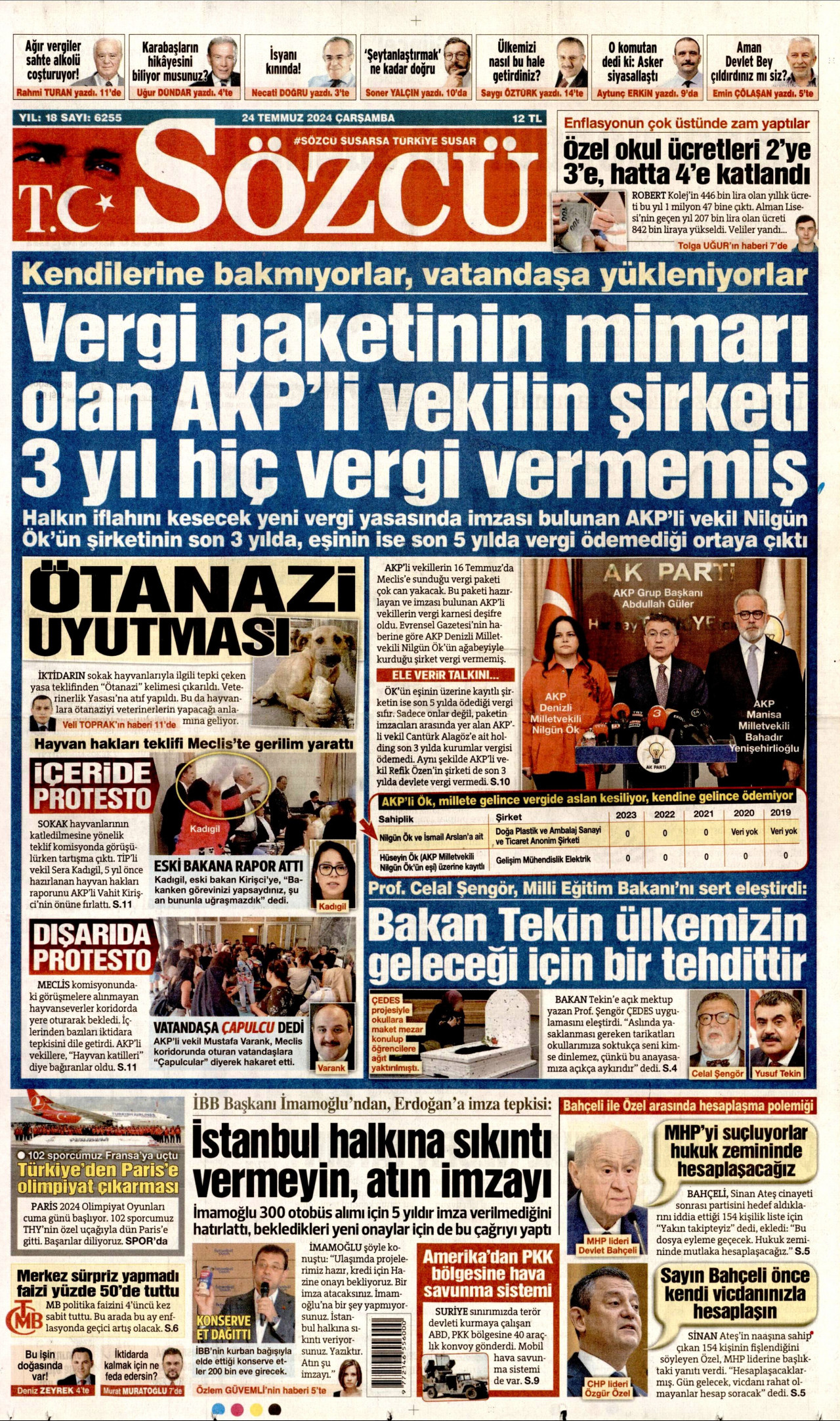SÖZCÜ gazetesinin 24 Temmuz 2024 tarihli birinci sayfası