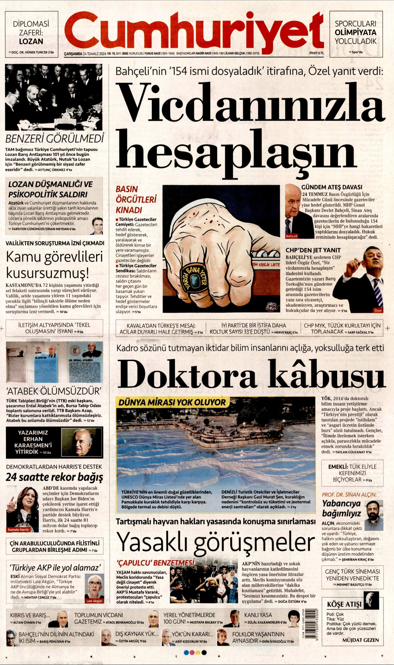 CUMHURİYET gazetesinin 24 Temmuz 2024 tarihli birinci sayfası