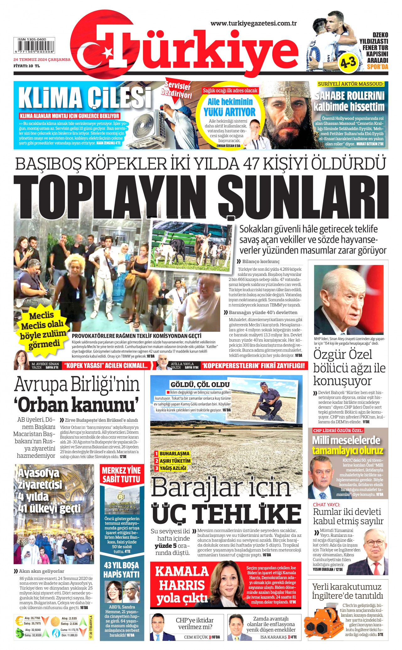 TÜRKİYE GAZETESİ gazetesinin 24 Temmuz 2024 tarihli birinci sayfası