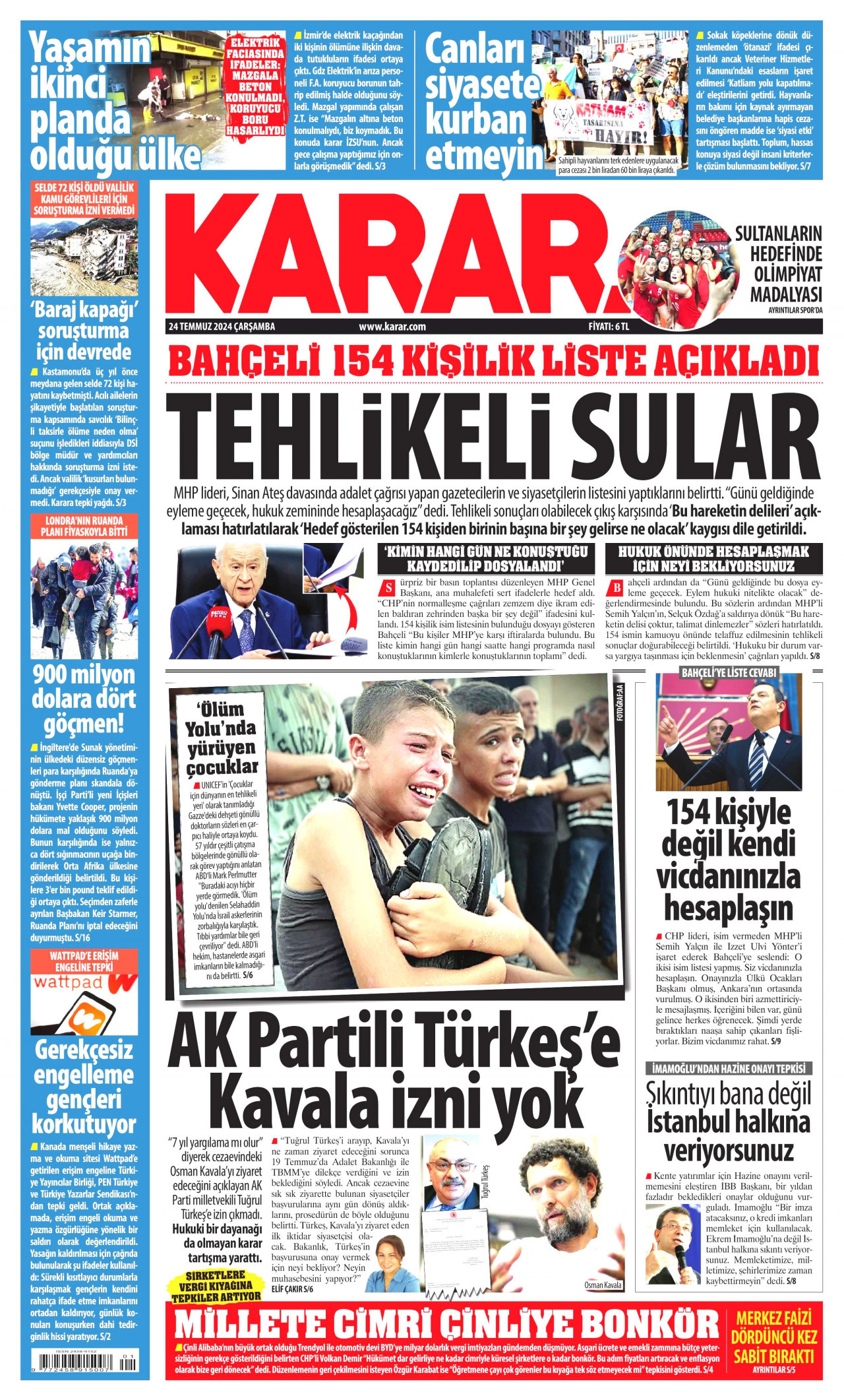 KARAR gazetesinin 24 Temmuz 2024 tarihli birinci sayfası
