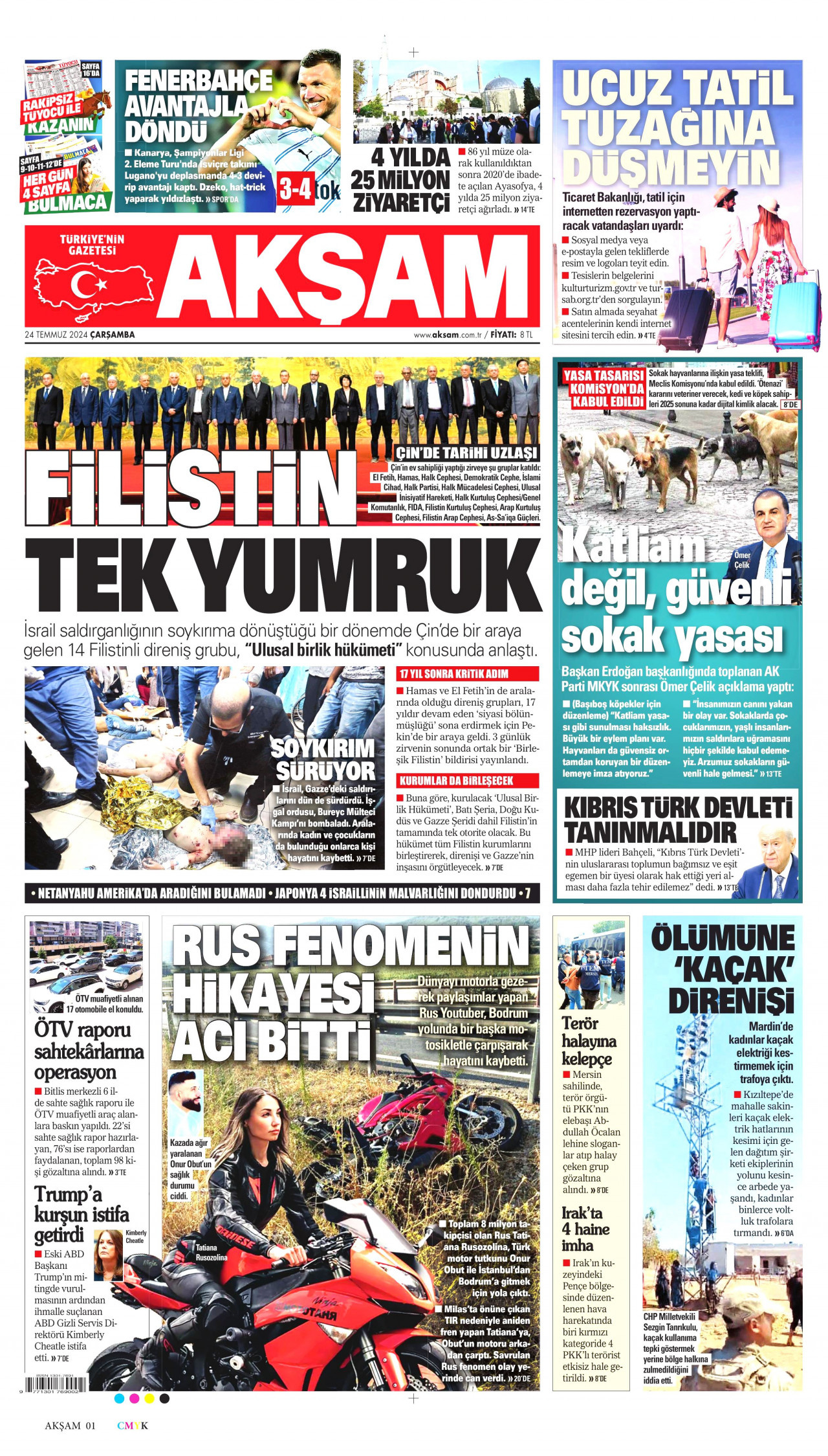 AKŞAM gazetesinin 24 Temmuz 2024 tarihli birinci sayfası